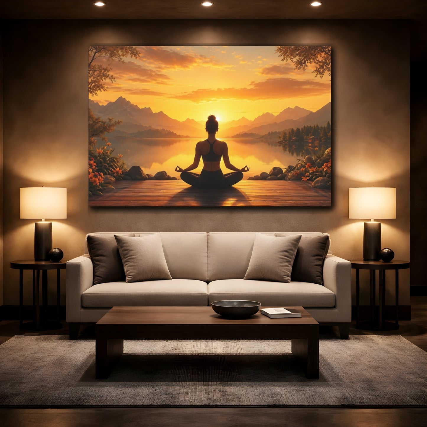 Mockup 2. Nature Meditating Woman Orange Sunset Meditation shown as stretched canvas wall art