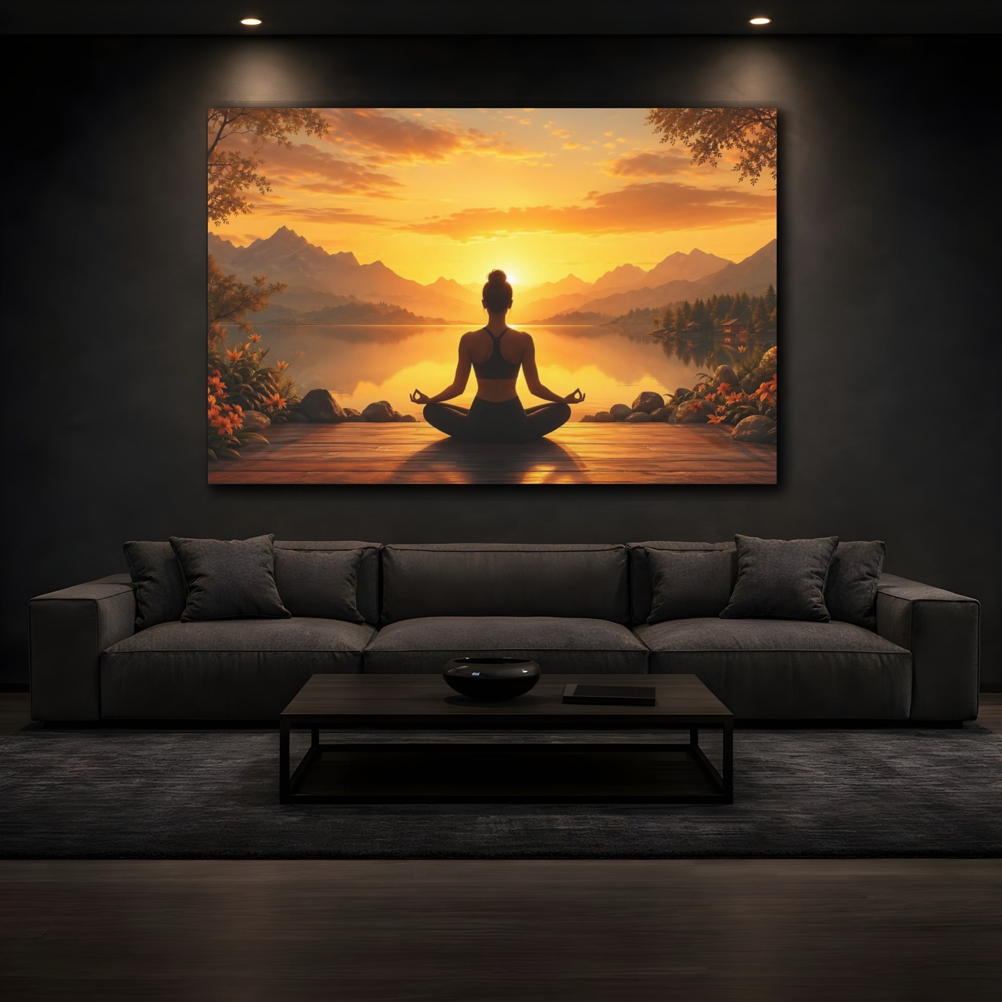 Mockup 3. Nature Meditating Woman Orange Sunset Meditation shown as stretched canvas wall art