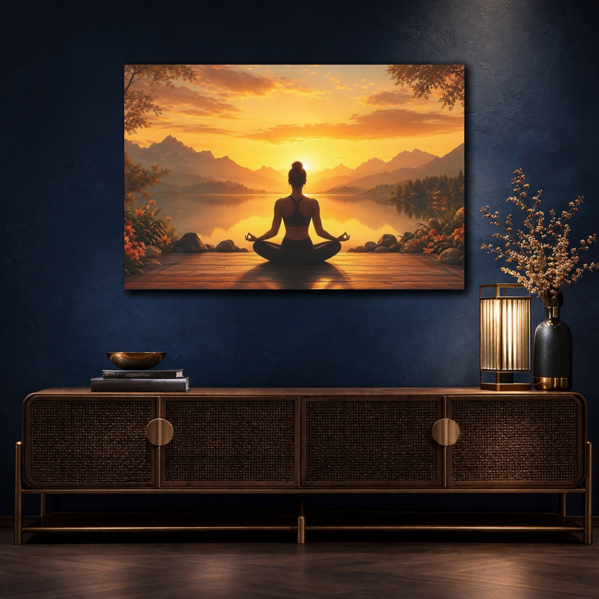 Mockup 4. Nature Meditating Woman Orange Sunset Meditation shown as stretched canvas wall art