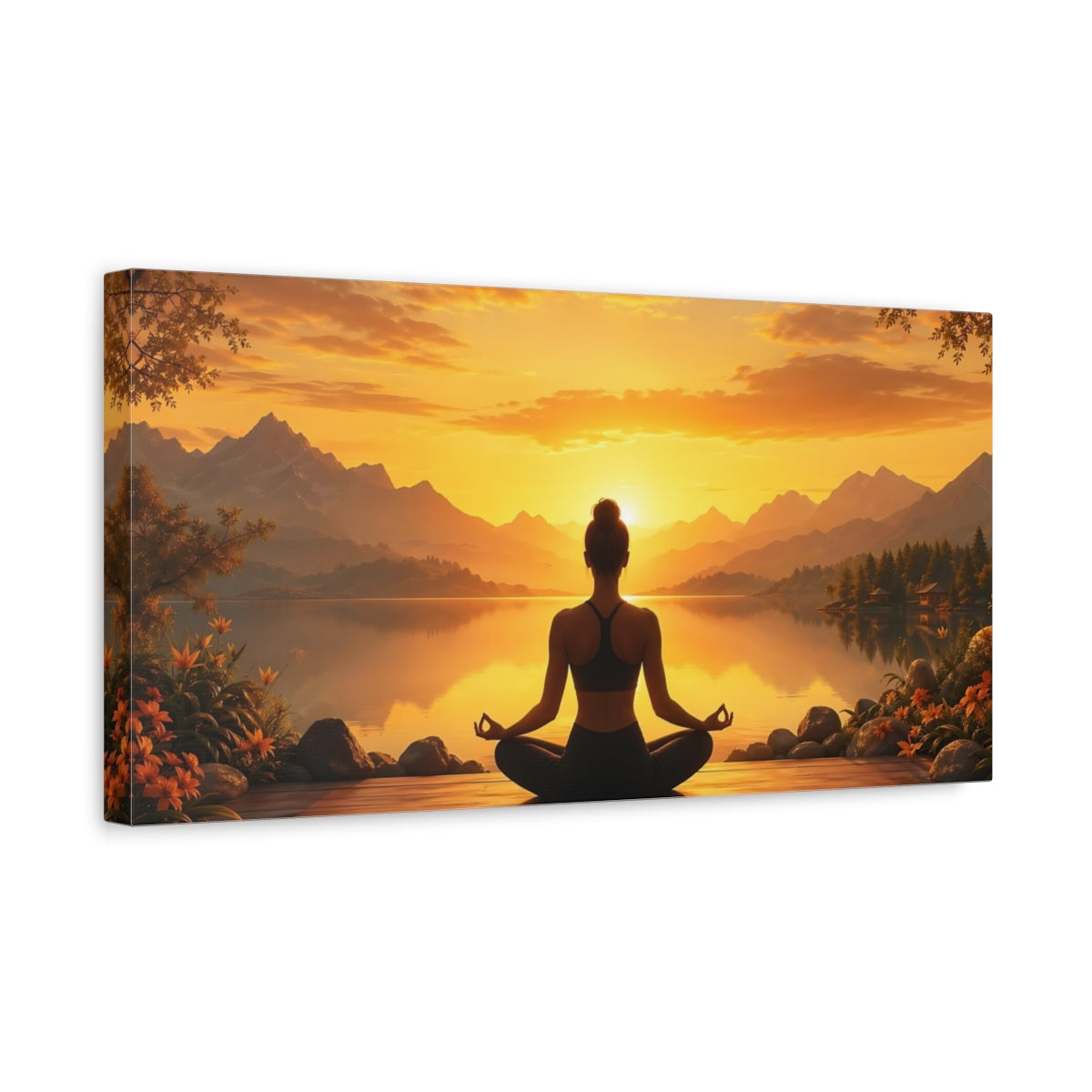 Side Mockup 3. Nature Meditating Woman Sunset Meditation shown as stretched canvas wall art