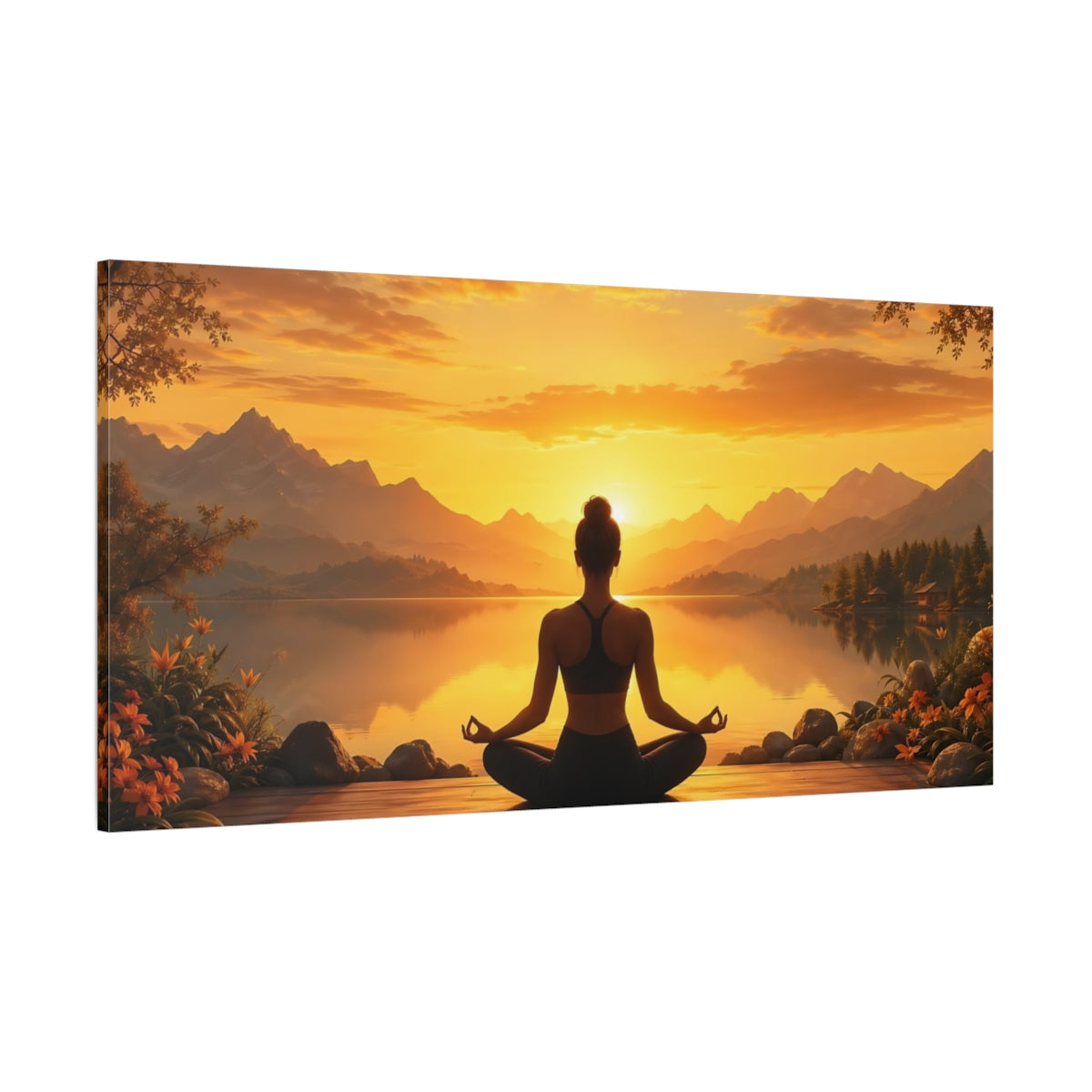 Side Mockup 2. Nature Meditating Woman Sunset Meditation shown as stretched canvas wall art