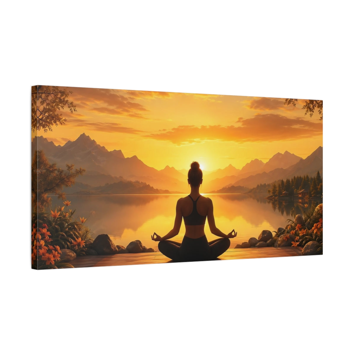 Side Mockup 1. Nature Meditating Woman Sunset Meditation shown as stretched canvas wall art