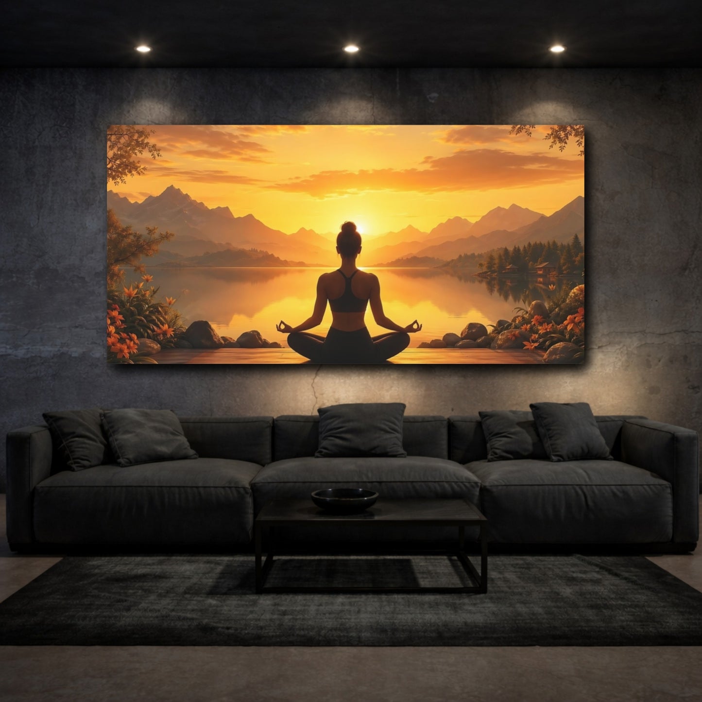 Mockup 2. Nature Meditating Woman Sunset Meditation shown as stretched canvas wall art