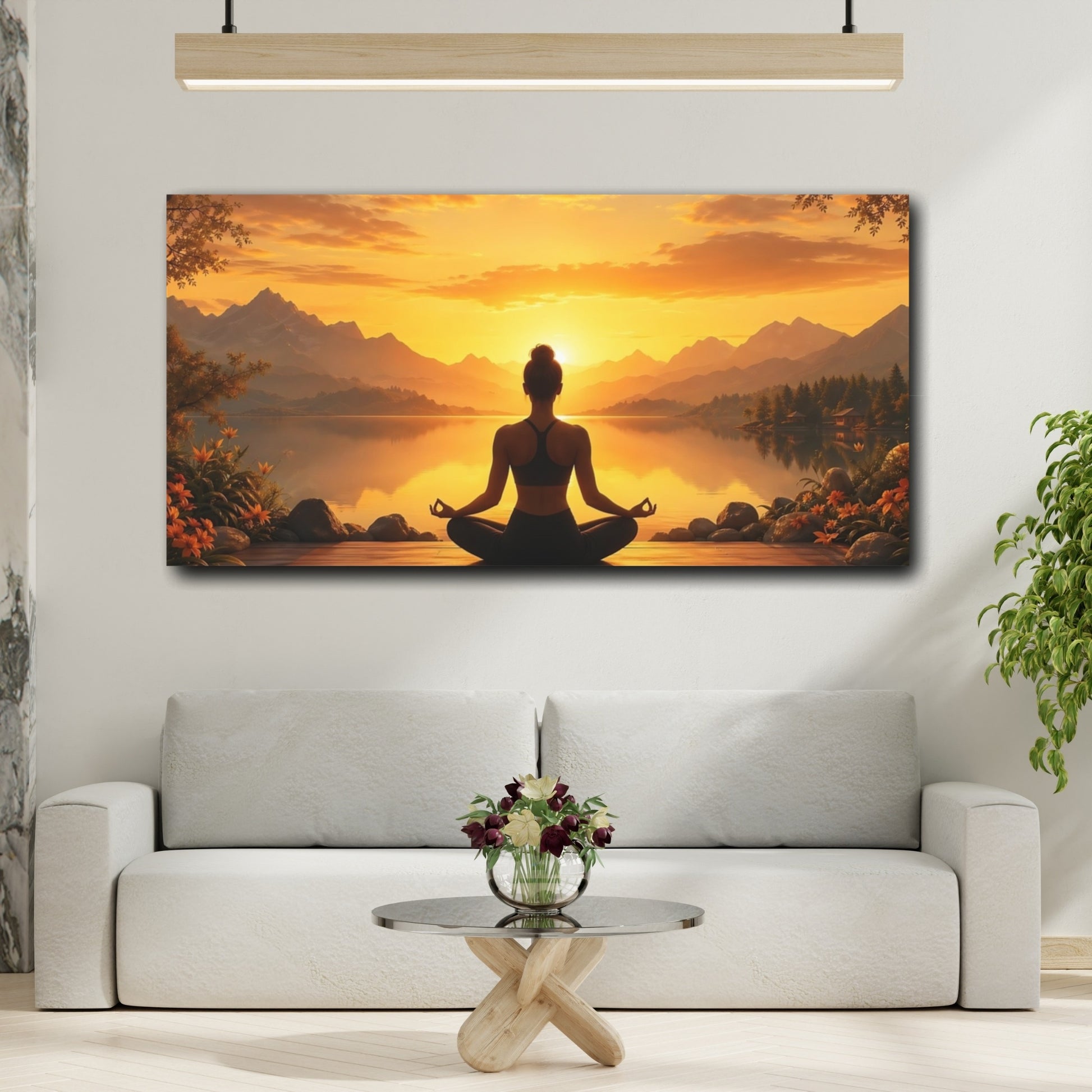 Mockup 3. Nature Meditating Woman Sunset Meditation shown as stretched canvas wall art