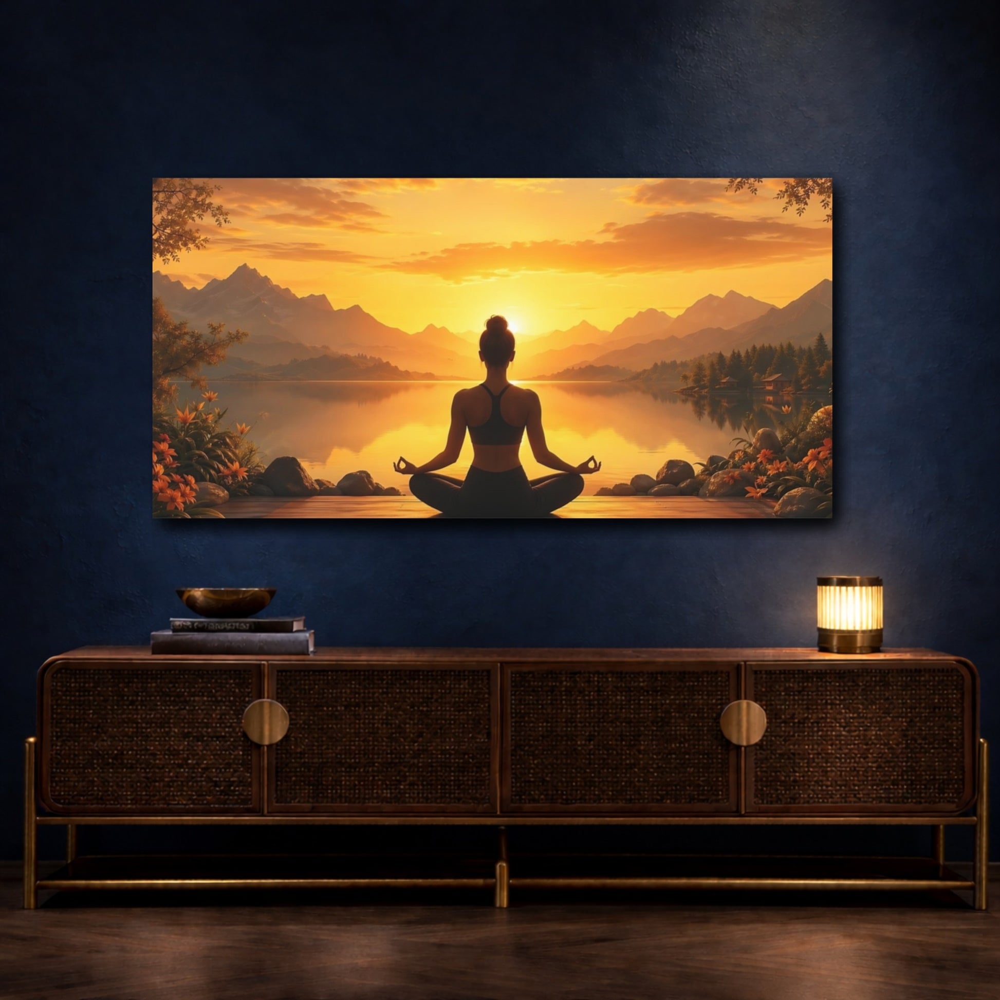 Mockup 4. Nature Meditating Woman Sunset Meditation shown as stretched canvas wall art