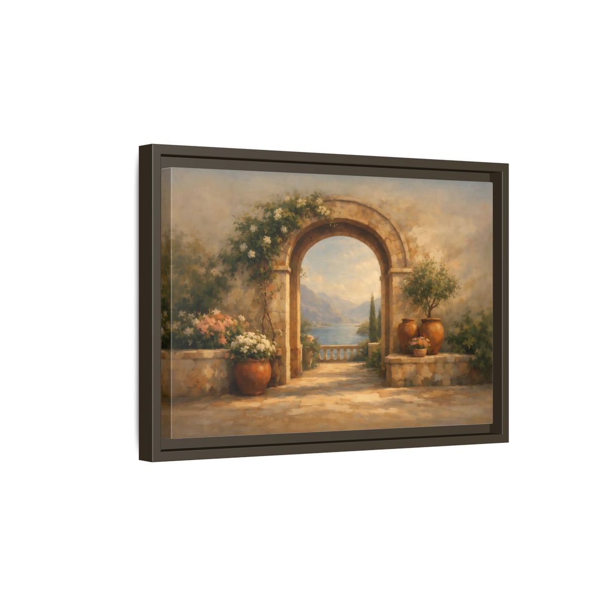 Side Mockup 5. Nature Mediterranean Archway Mediterranean Landscape shown as stretched canvas wall art