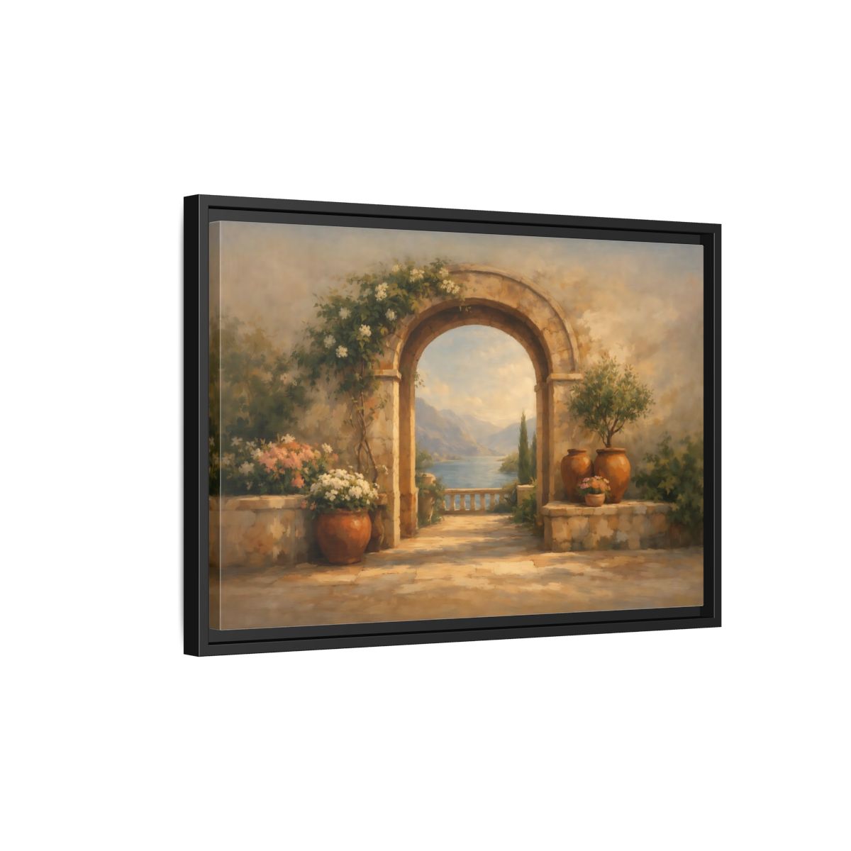 Side Mockup 3. Nature Mediterranean Archway Mediterranean Landscape shown as stretched canvas wall art