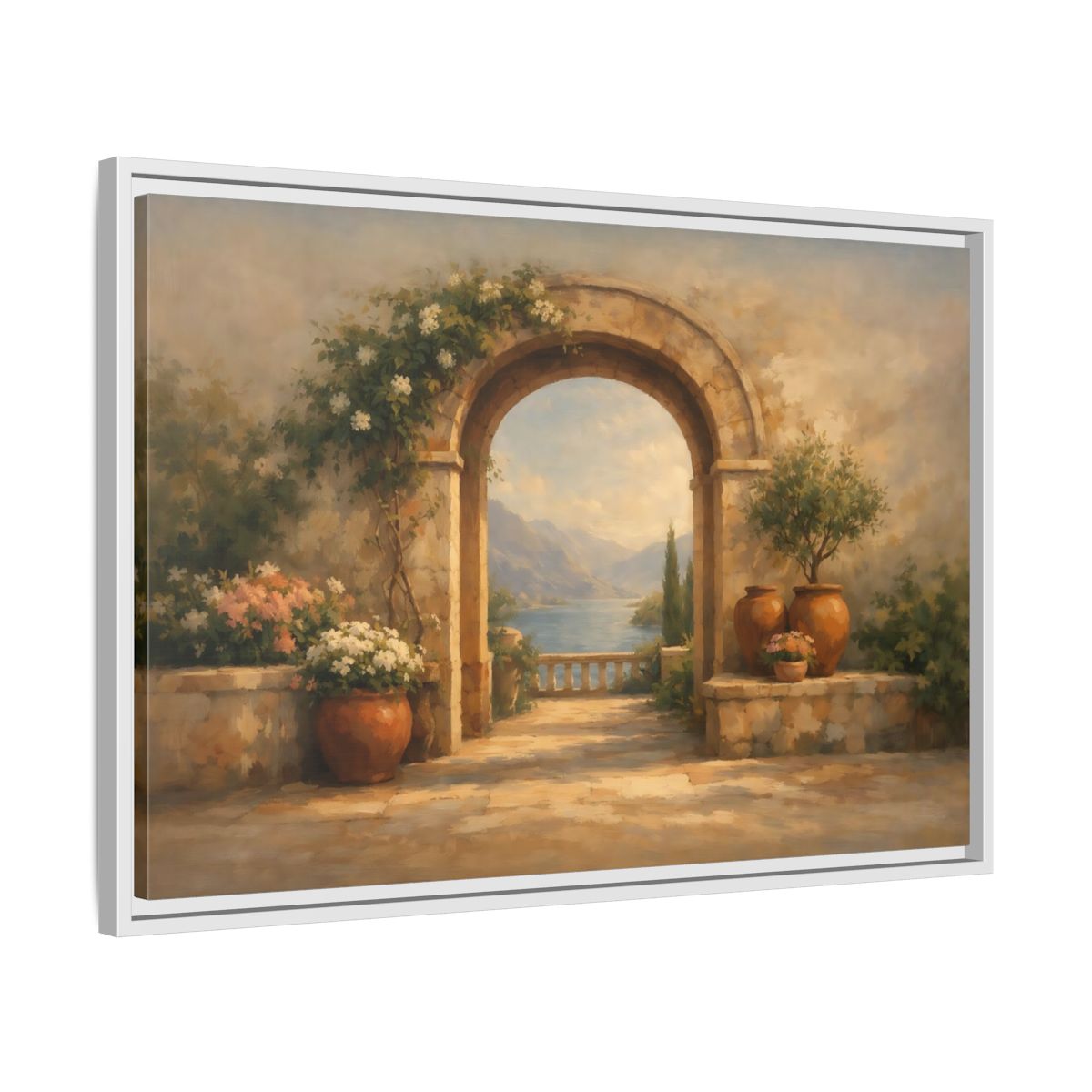 Side Mockup 10. Nature Mediterranean Archway Mediterranean Landscape shown as stretched canvas wall art