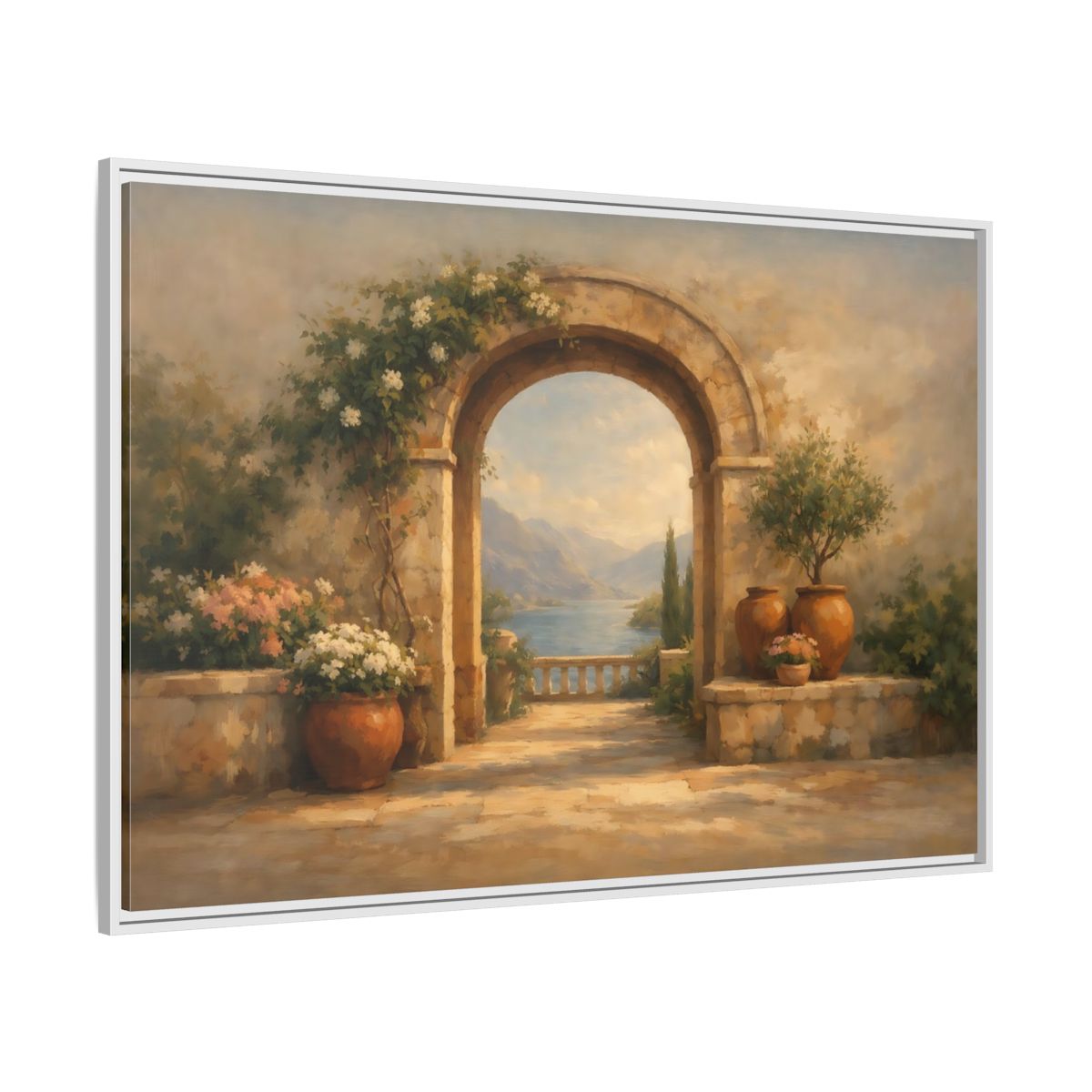 Side Mockup 7. Nature Mediterranean Archway Mediterranean Landscape shown as stretched canvas wall art