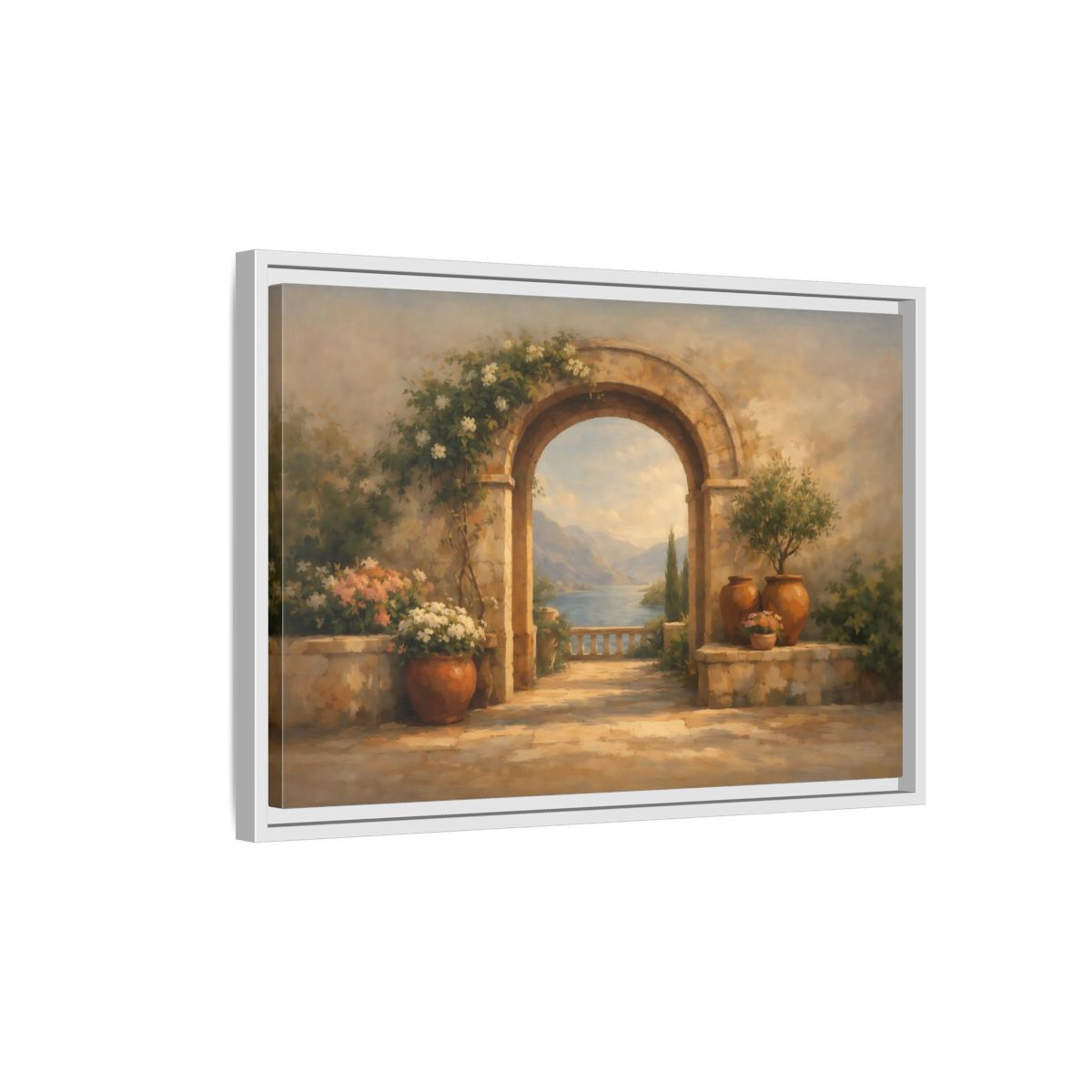 Side Mockup 1. Nature Mediterranean Archway Mediterranean Landscape shown as stretched canvas wall art