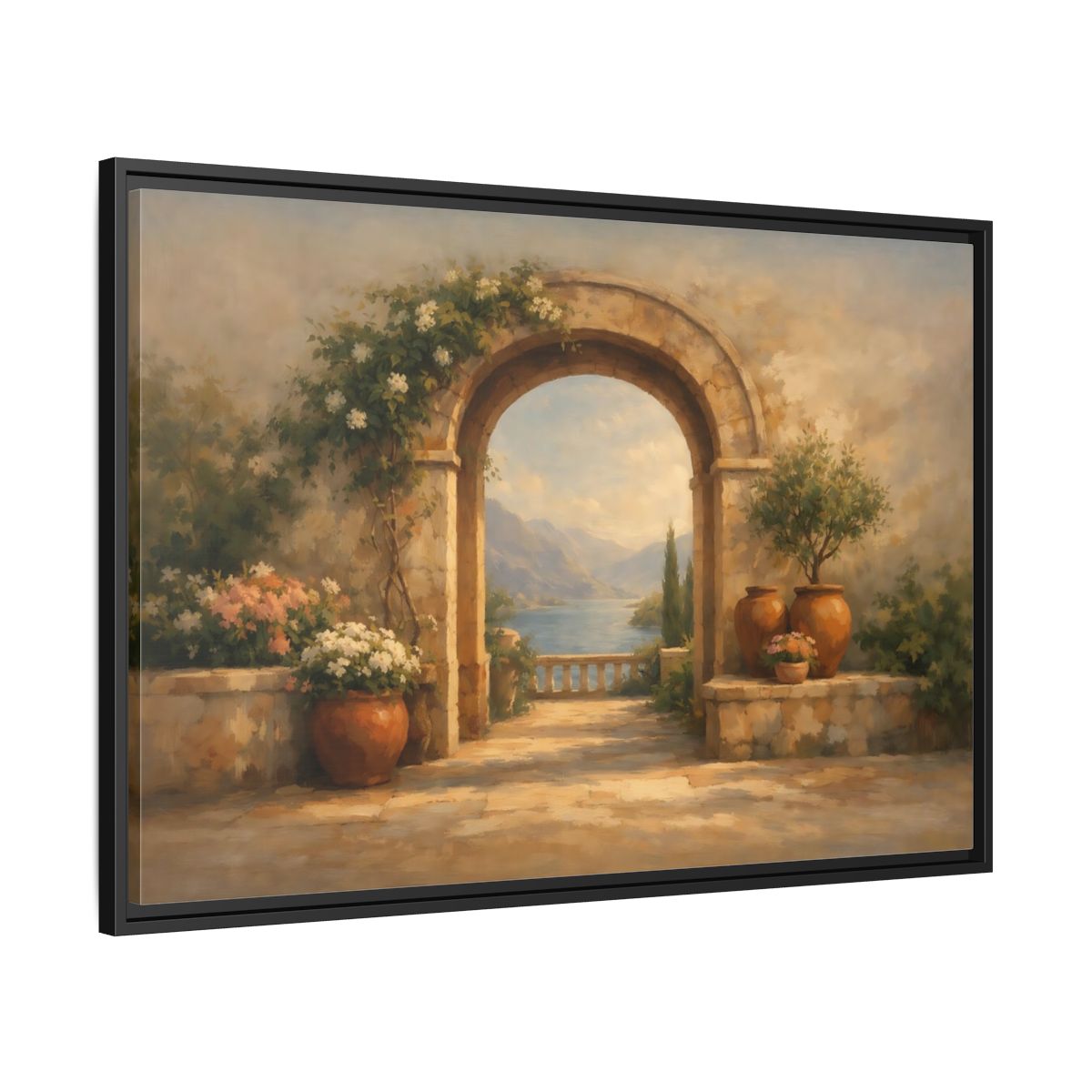 Side Mockup 13. Nature Mediterranean Archway Mediterranean Landscape shown as stretched canvas wall art