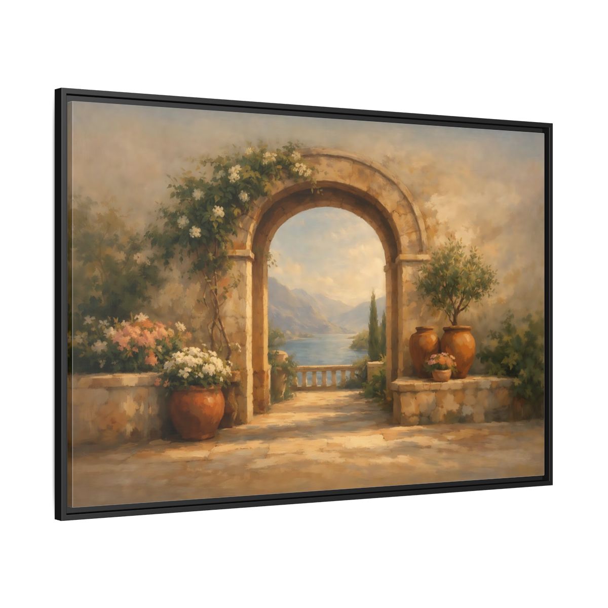 Side Mockup 12. Nature Mediterranean Archway Mediterranean Landscape shown as stretched canvas wall art
