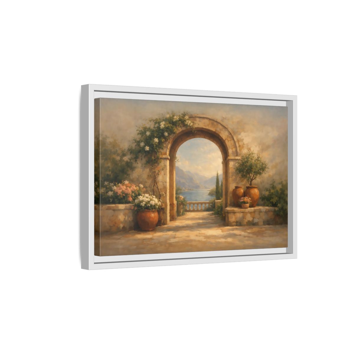 Side Mockup 4. Nature Mediterranean Archway Mediterranean Landscape shown as stretched canvas wall art