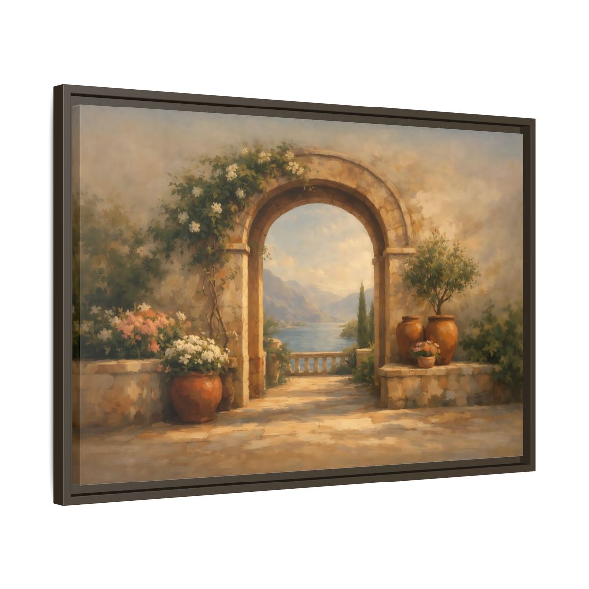 Side Mockup 11. Nature Mediterranean Archway Mediterranean Landscape shown as stretched canvas wall art
