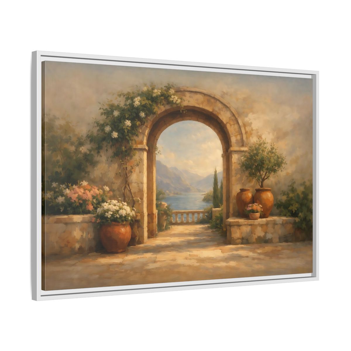 Side Mockup 8. Nature Mediterranean Archway Mediterranean Landscape shown as stretched canvas wall art
