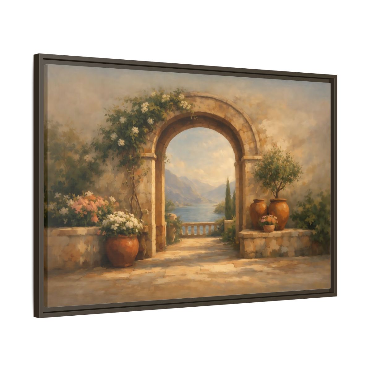 Side Mockup 9. Nature Mediterranean Archway Mediterranean Landscape shown as stretched canvas wall art