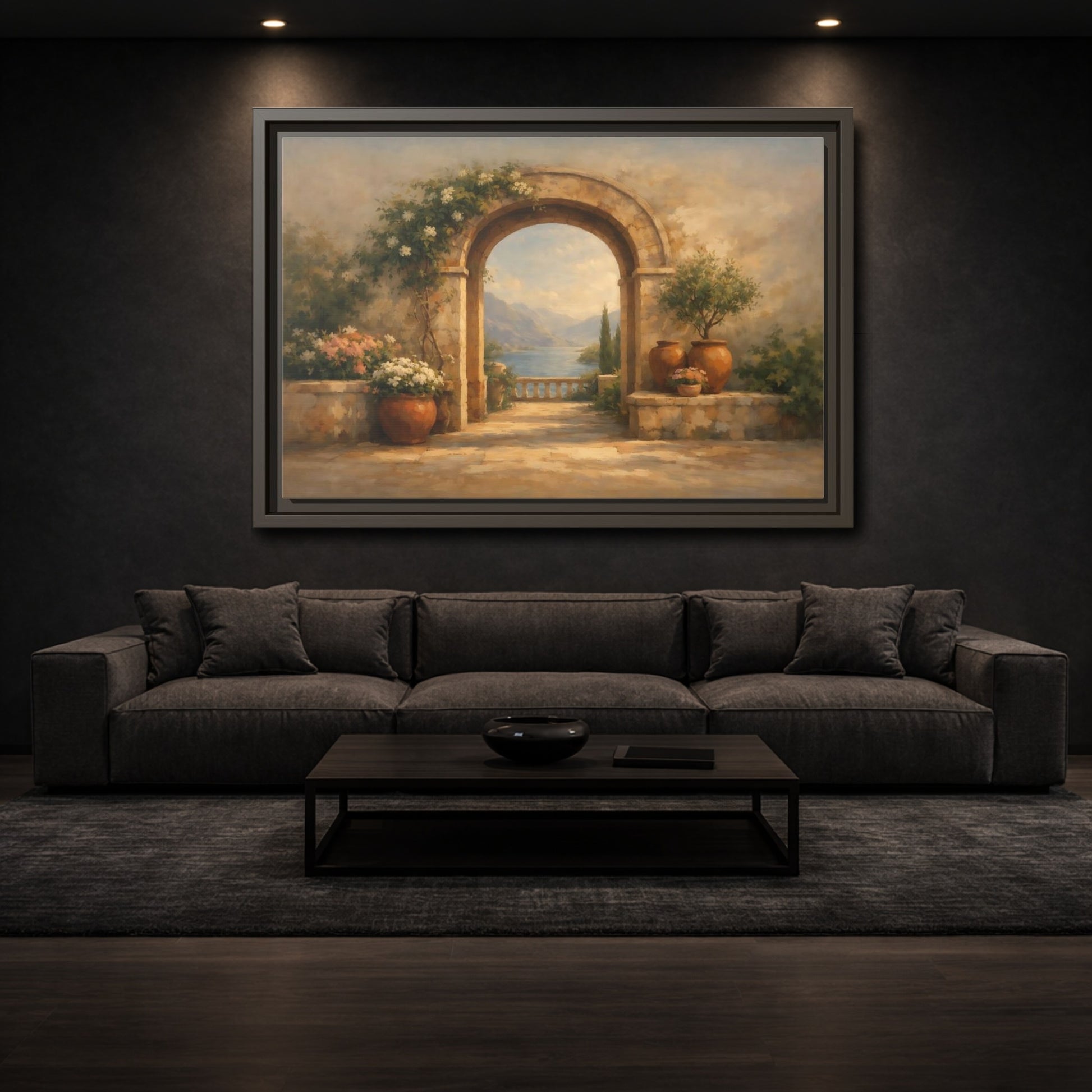 Mockup 2. Nature Mediterranean Archway Mediterranean Landscape shown as stretched canvas wall art