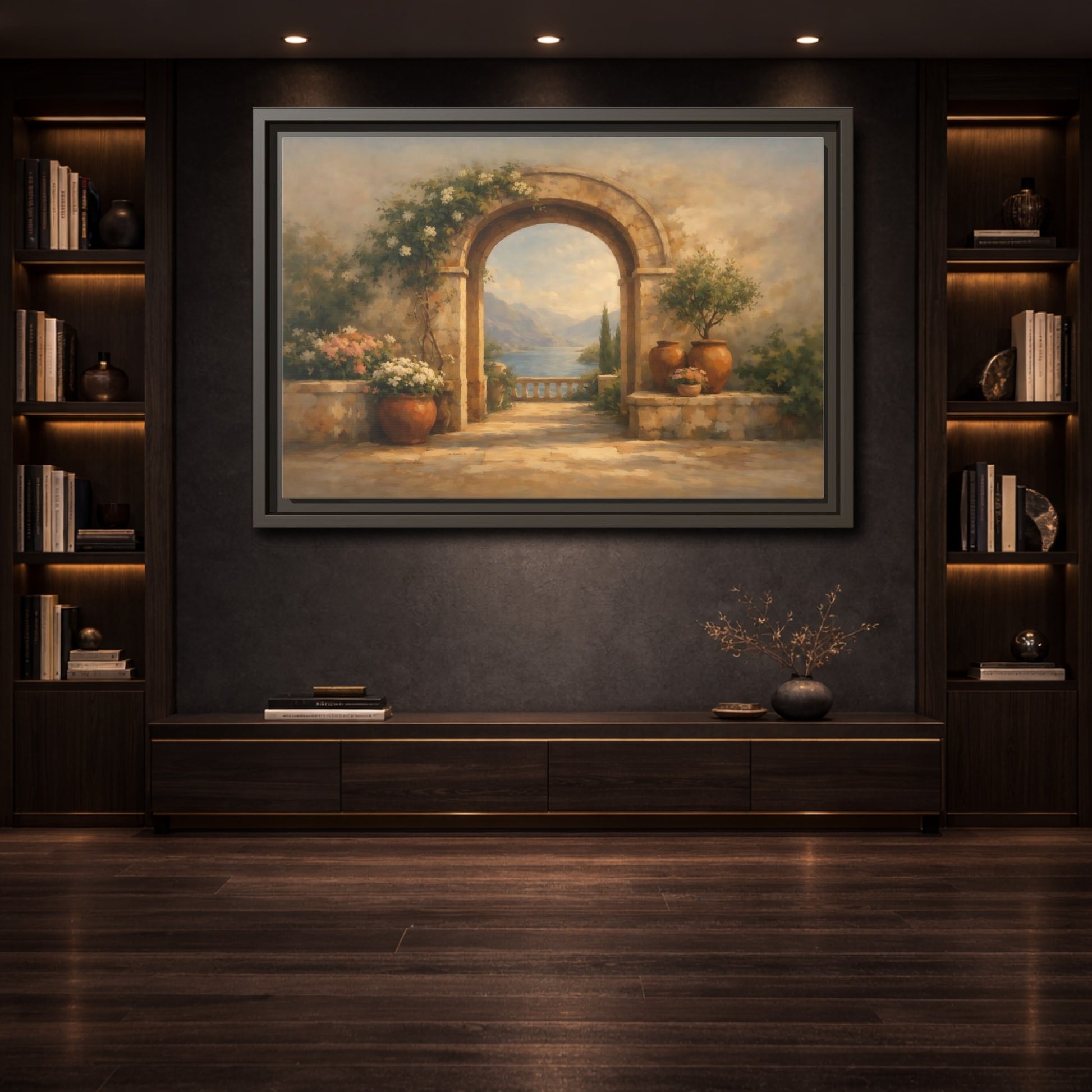 Mockup 3. Nature Mediterranean Archway Mediterranean Landscape shown as stretched canvas wall art