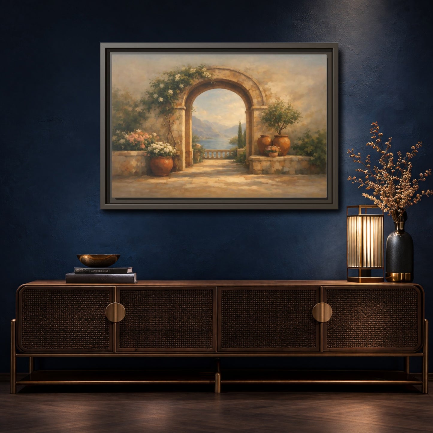 Mockup 4. Nature Mediterranean Archway Mediterranean Landscape shown as stretched canvas wall art