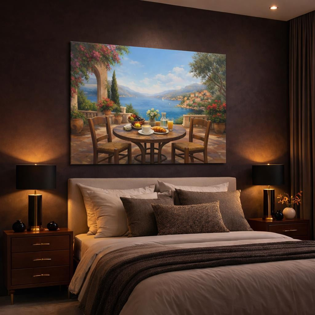 Nature Mediterranean Cafe Terrace shown as canvas wall art in a luxury bedroom
