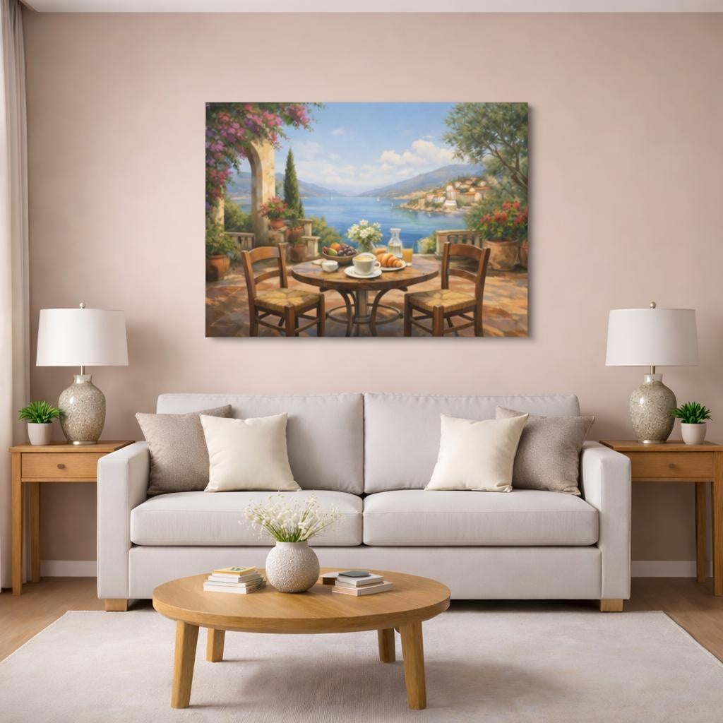 Nature Mediterranean Cafe Terrace shown as canvas wall art in a modern living room