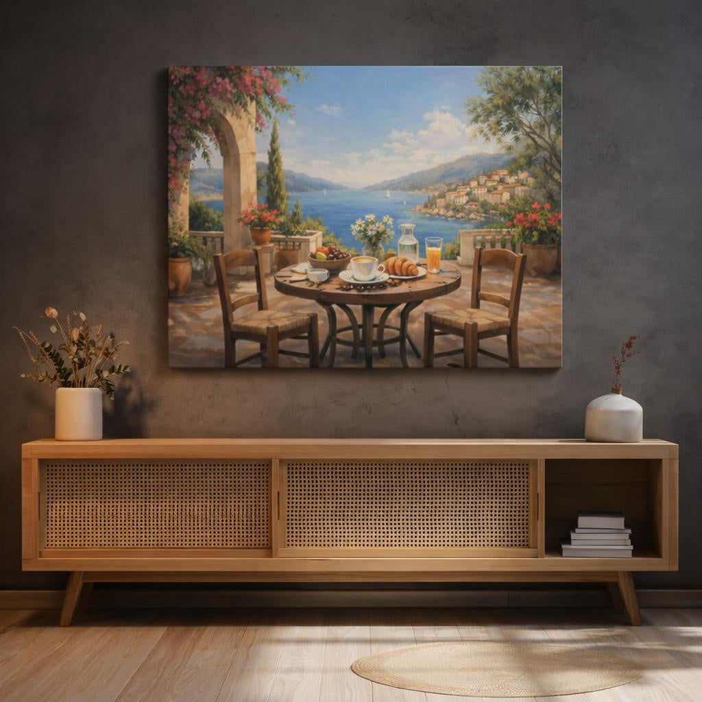Nature Mediterranean Cafe Terrace shown as canvas wall art in a refined dining room