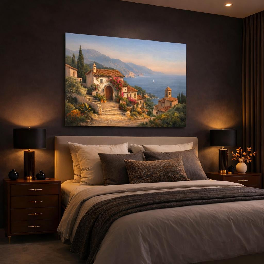 Nature Mediterranean Houses shown as canvas wall art in a luxury bedroom