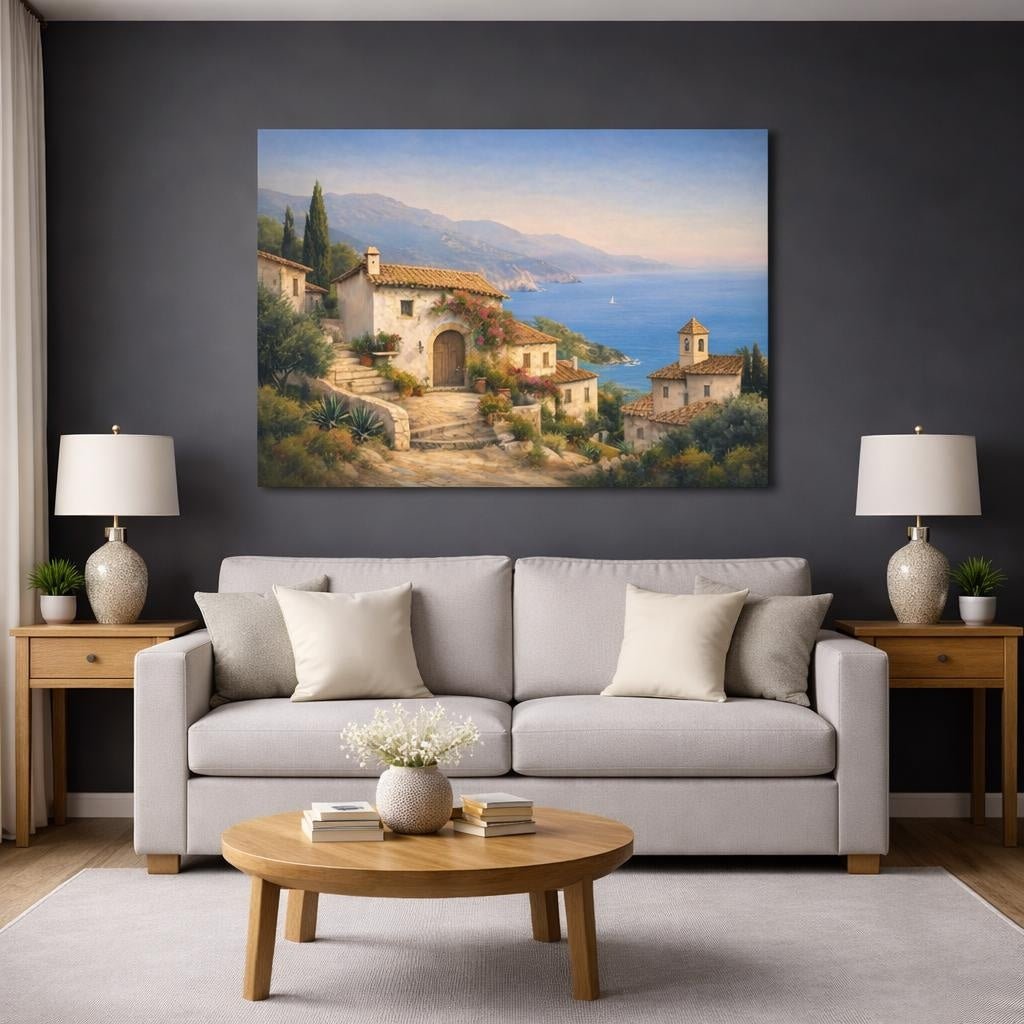 Nature Mediterranean Houses Coastal Village - Canvas Wall Art Print - YesArtYes
