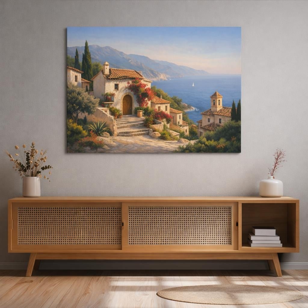 Nature Mediterranean Houses Coastal Village - Canvas Wall Art Print - YesArtYes
