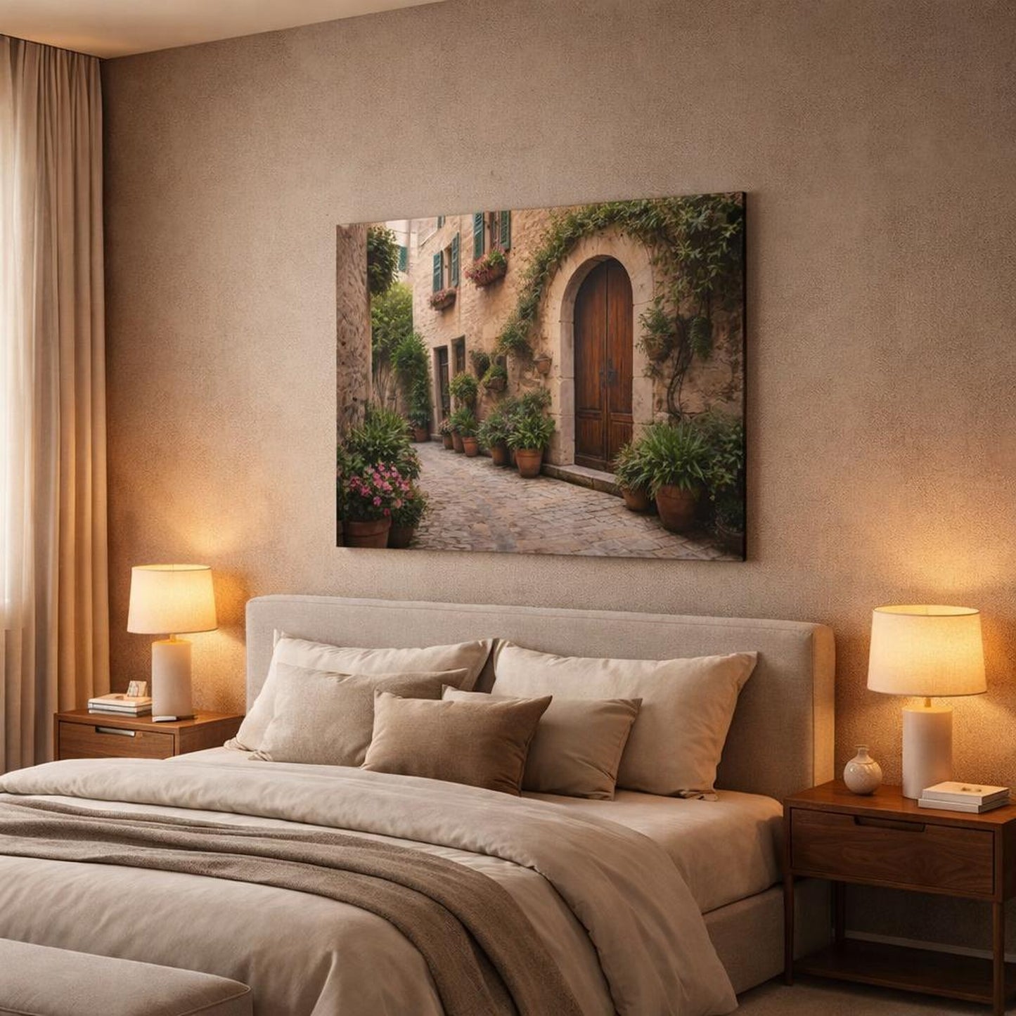 Nature Mediterranean Street Mediterranean Streetscape shown as canvas wall art in a luxury bedroom