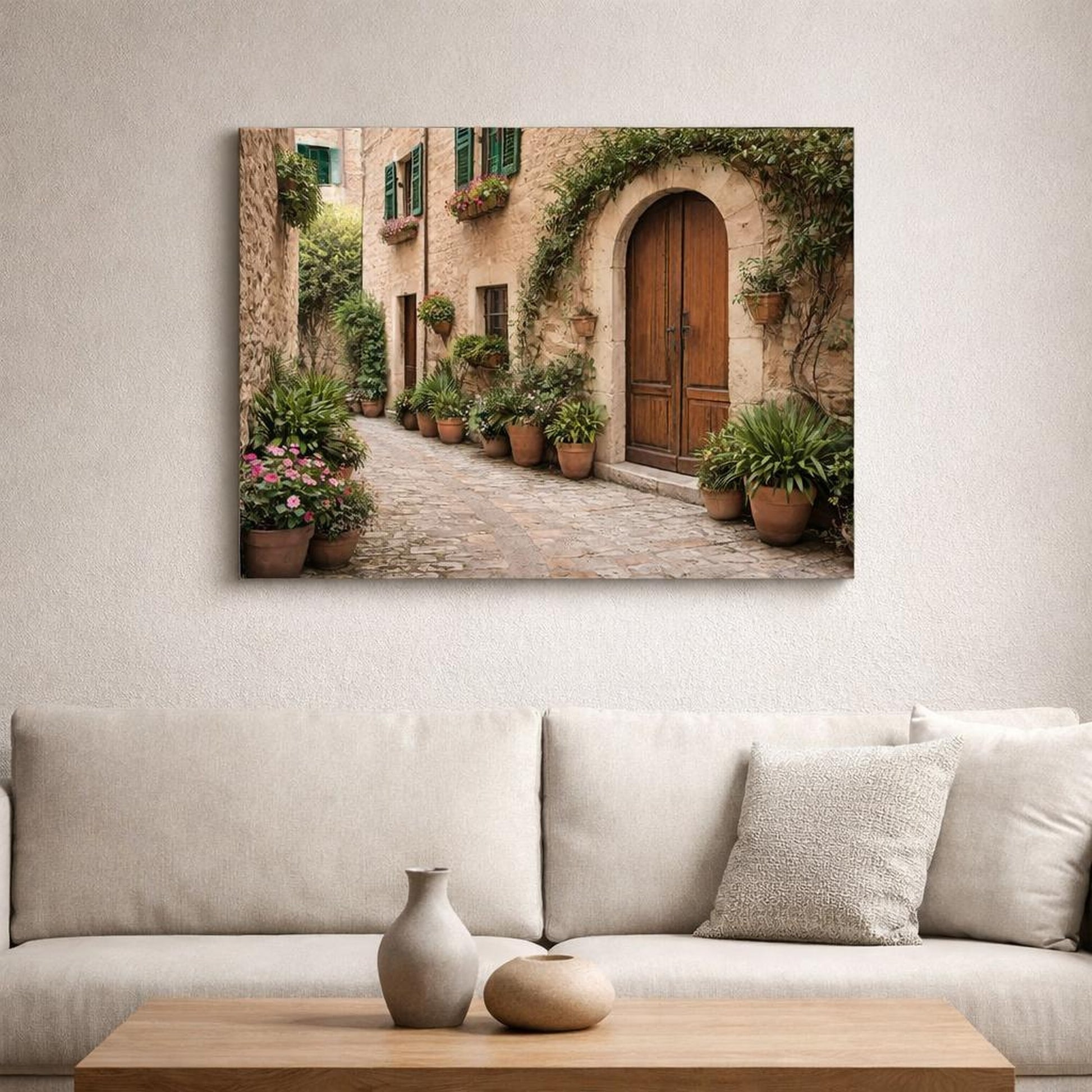 Nature Mediterranean Street Mediterranean Streetscape shown as canvas wall art in a sophisticated contemporary living space