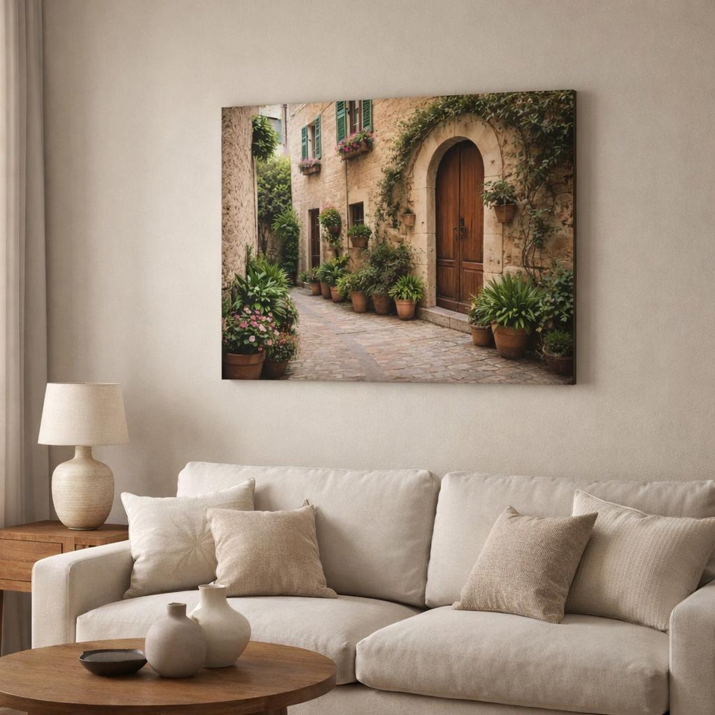 Nature Mediterranean Street Mediterranean Streetscape shown as canvas wall art in a modern living room