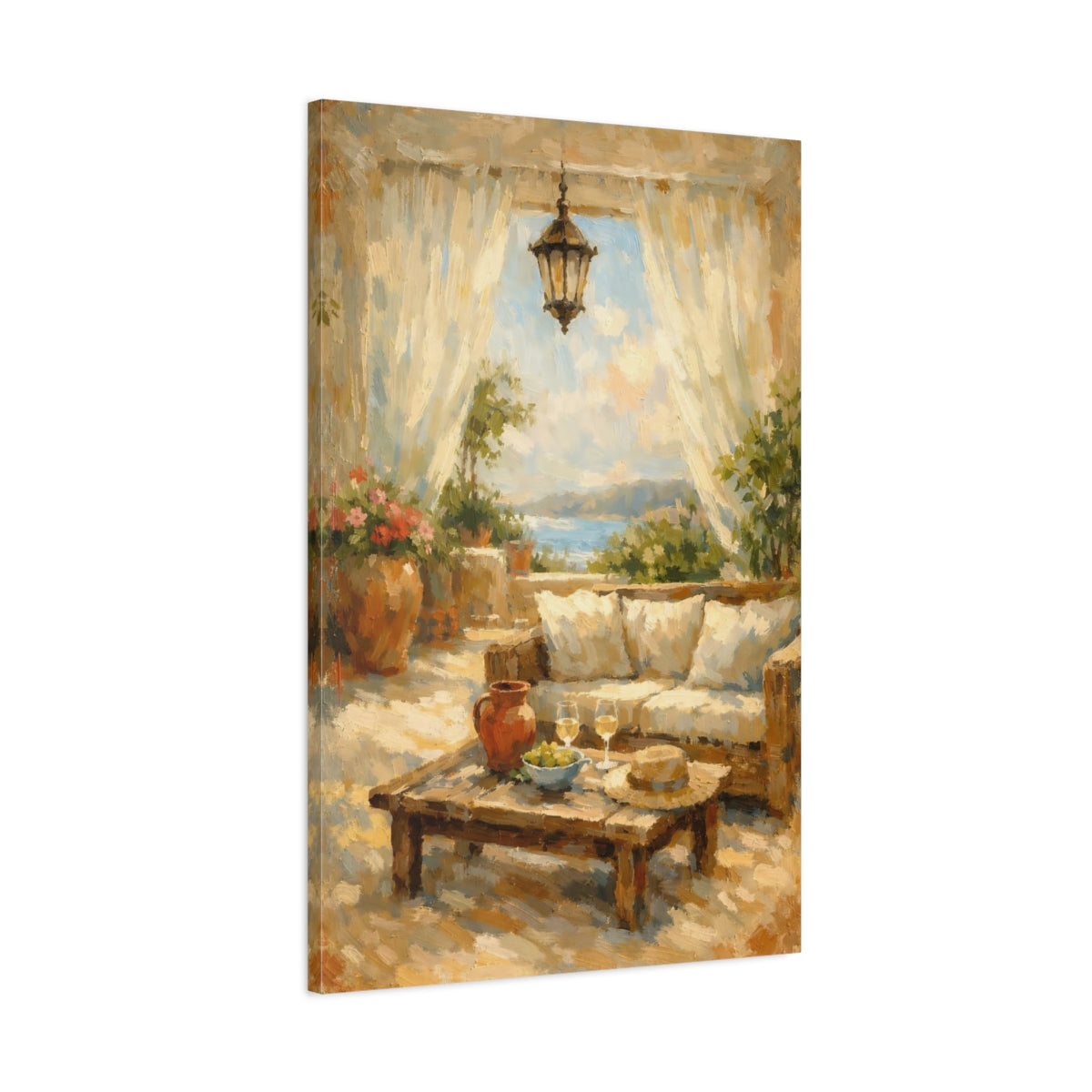 Side Mockup 1. Nature Mediterranean Terrace Mediterranean Terrace shown as stretched canvas wall art