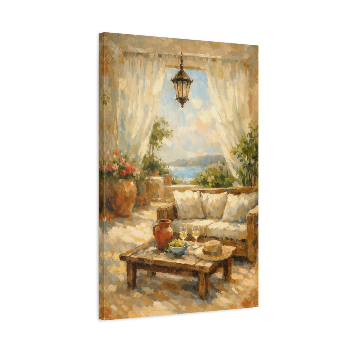 Side Mockup 2. Nature Mediterranean Terrace Mediterranean Terrace shown as stretched canvas wall art
