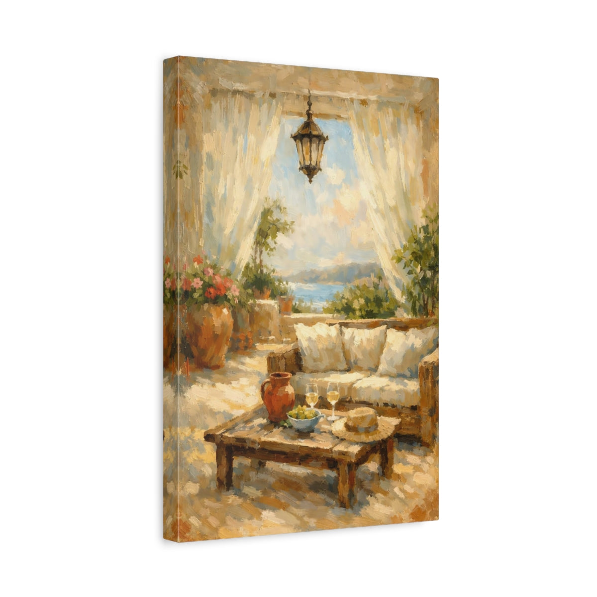 Side Mockup 4. Nature Mediterranean Terrace Mediterranean Terrace shown as stretched canvas wall art