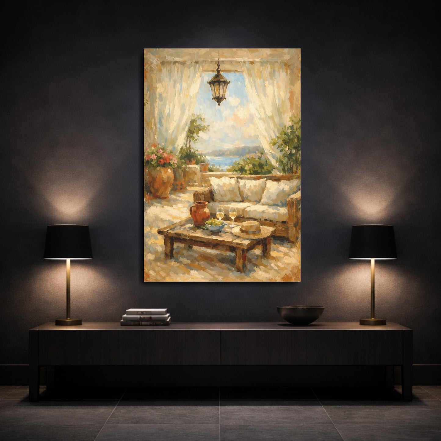 Mockup 2. Nature Mediterranean Terrace Mediterranean Terrace shown as stretched canvas wall art