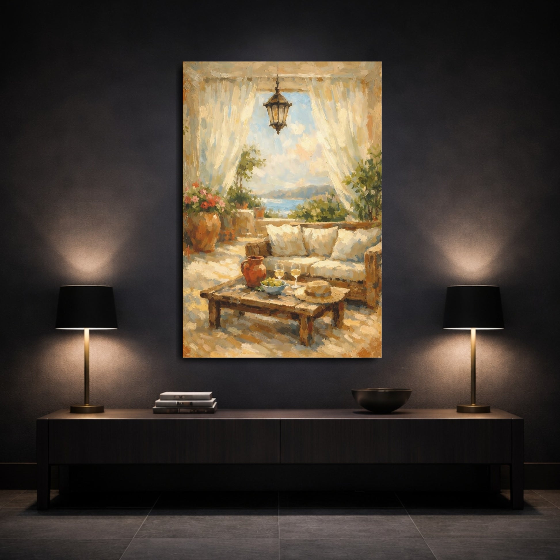Mockup 2. Nature Mediterranean Terrace Mediterranean Terrace shown as stretched canvas wall art