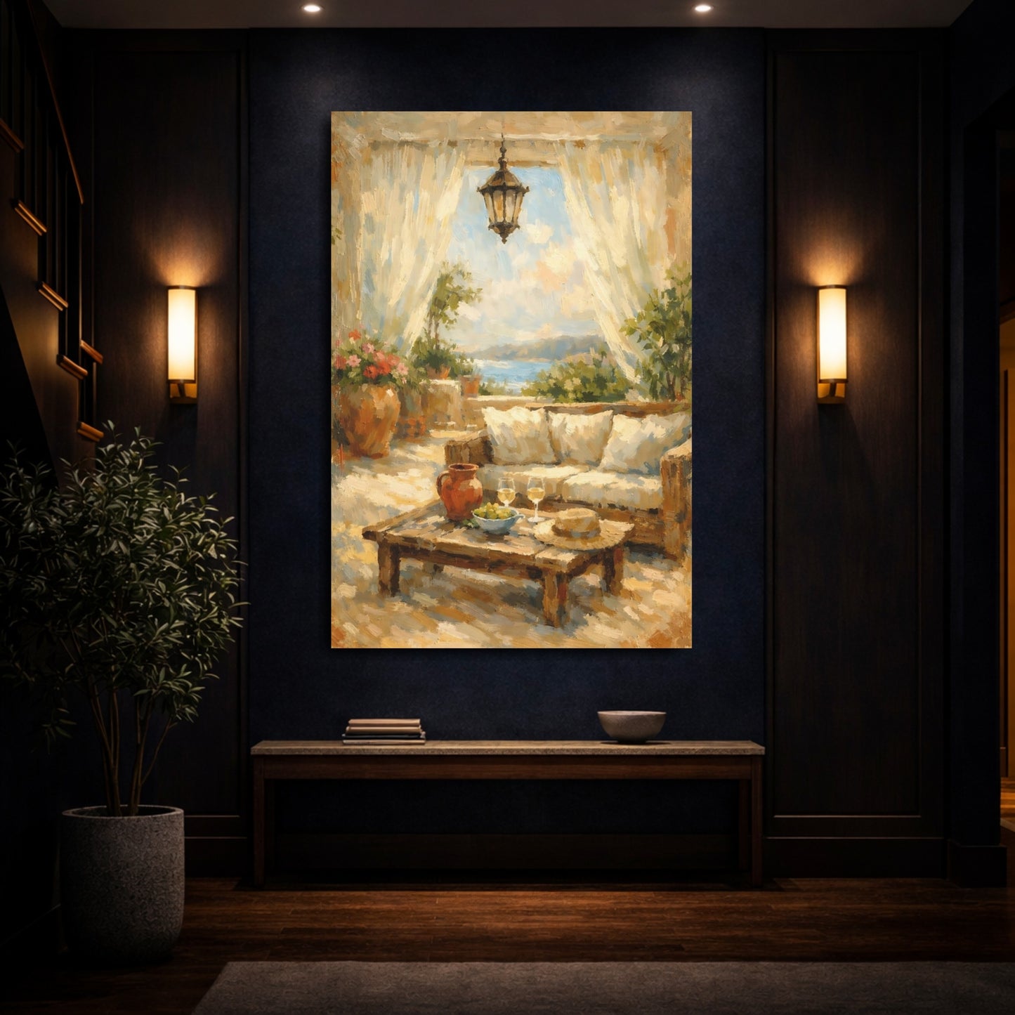 Mockup 3. Nature Mediterranean Terrace Mediterranean Terrace shown as stretched canvas wall art
