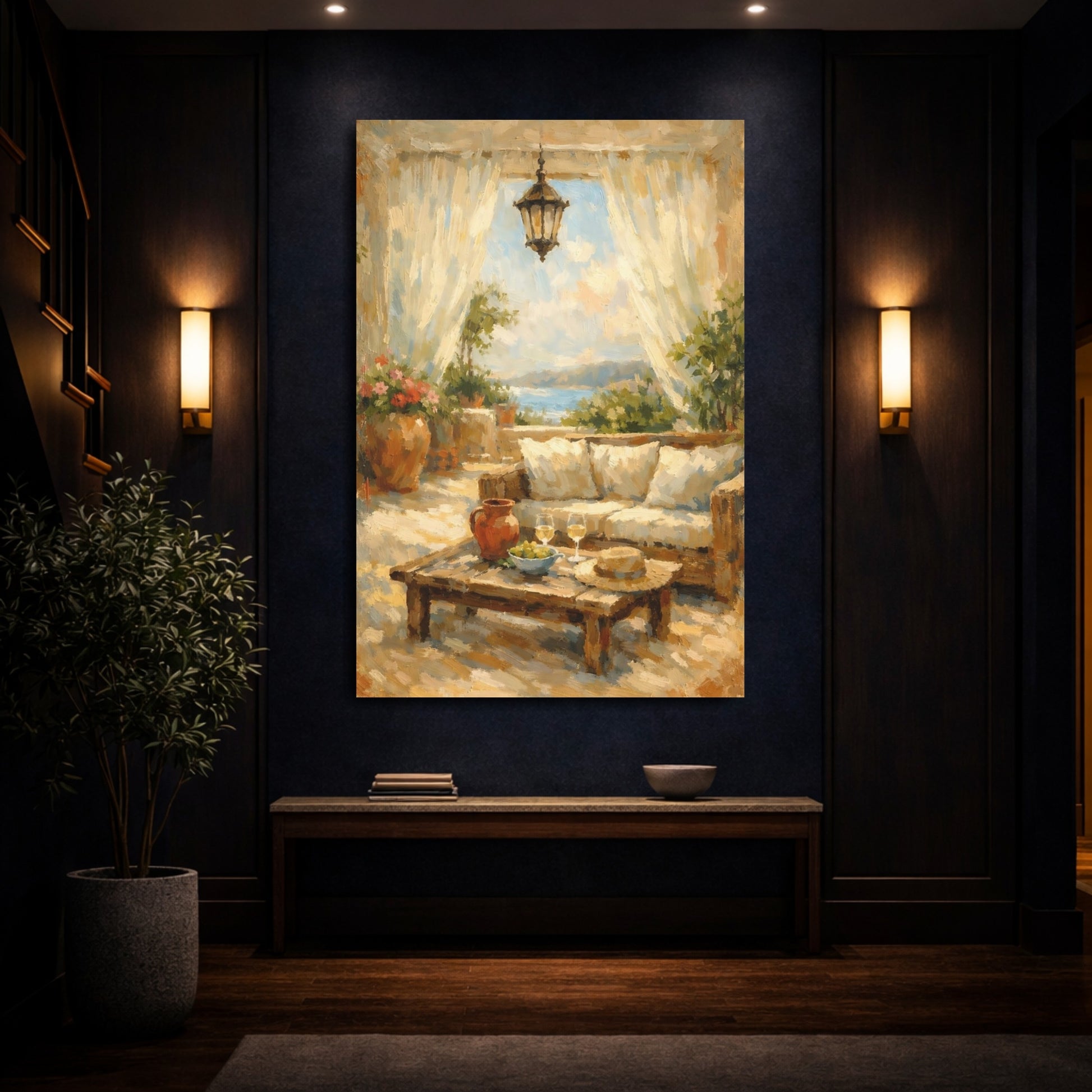 Mockup 3. Nature Mediterranean Terrace Mediterranean Terrace shown as stretched canvas wall art