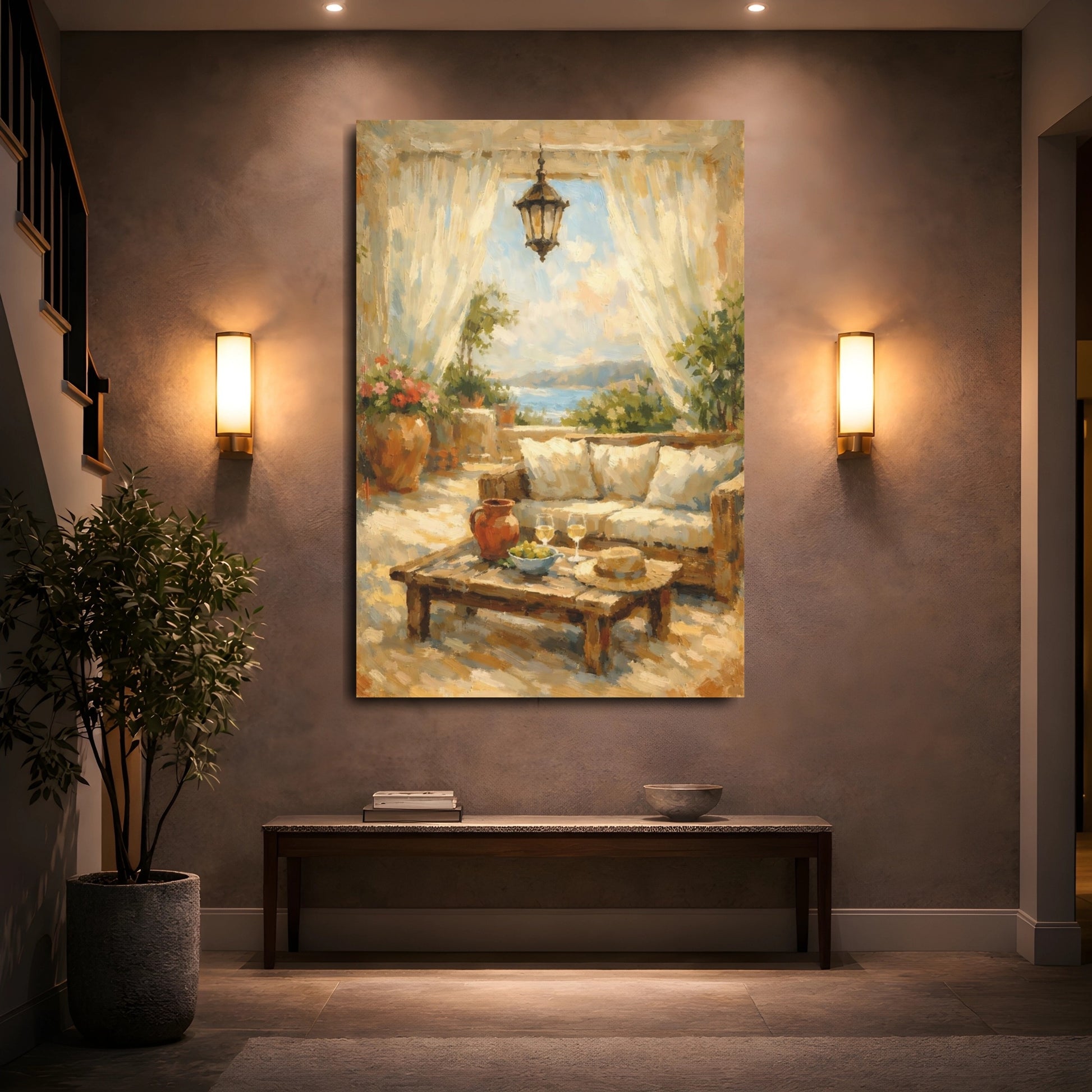 Mockup 4. Nature Mediterranean Terrace Mediterranean Terrace shown as stretched canvas wall art