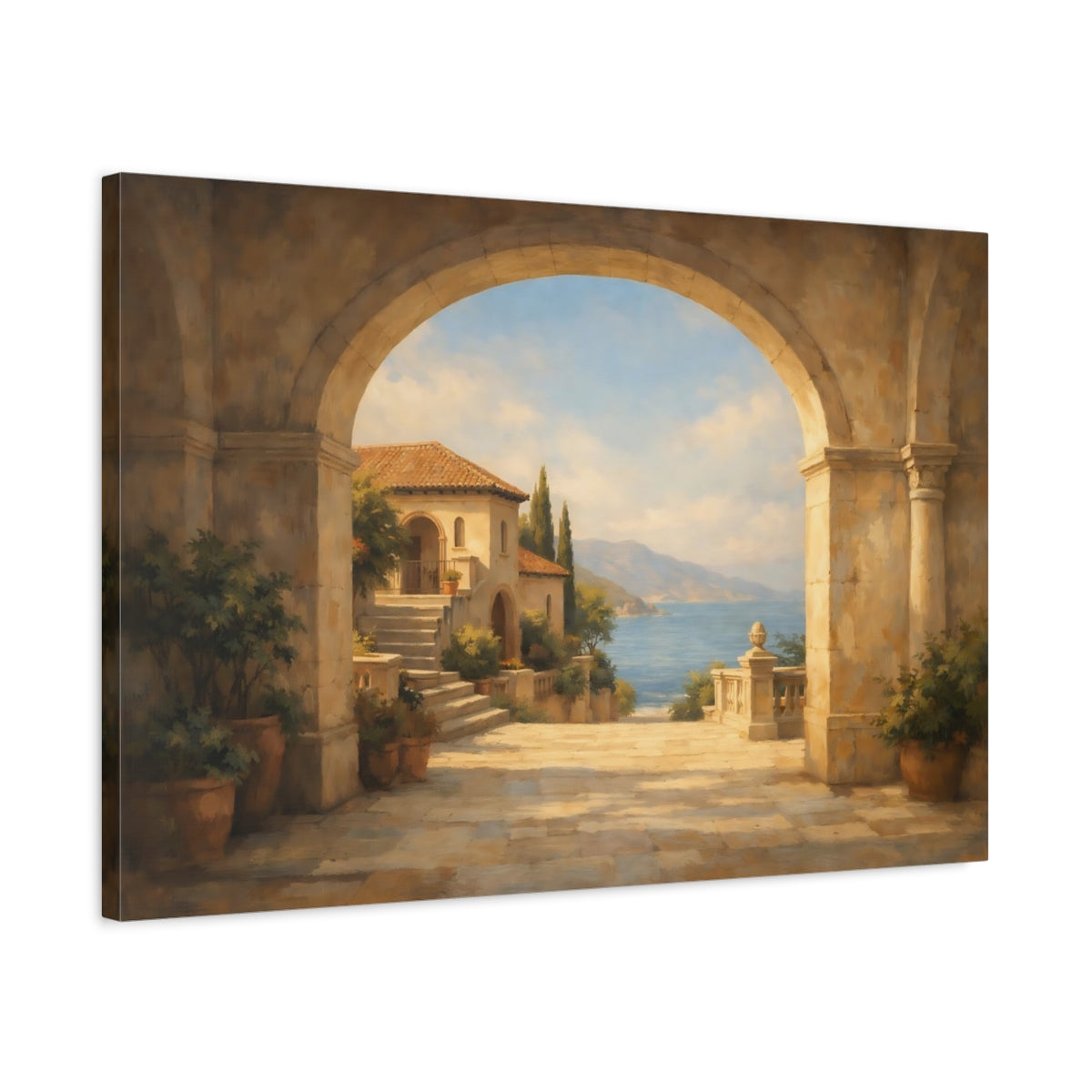 Side Mockup 2. Nature Mediterranean Villa Mediterranean Coastal shown as stretched canvas wall art