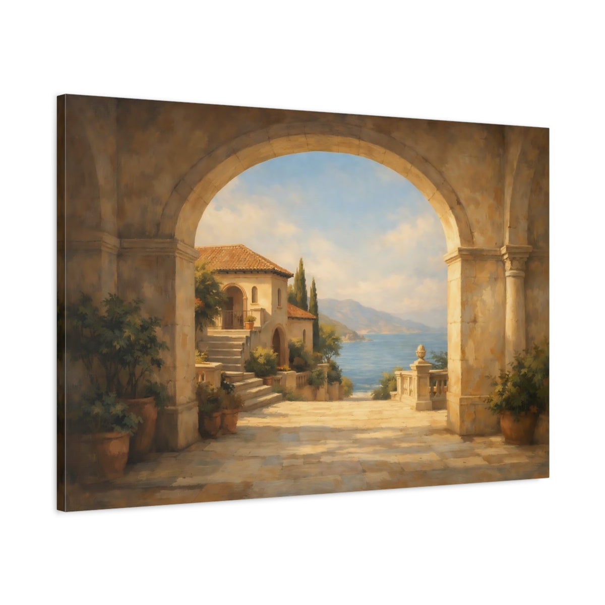 Side Mockup 1. Nature Mediterranean Villa Mediterranean Coastal shown as stretched canvas wall art