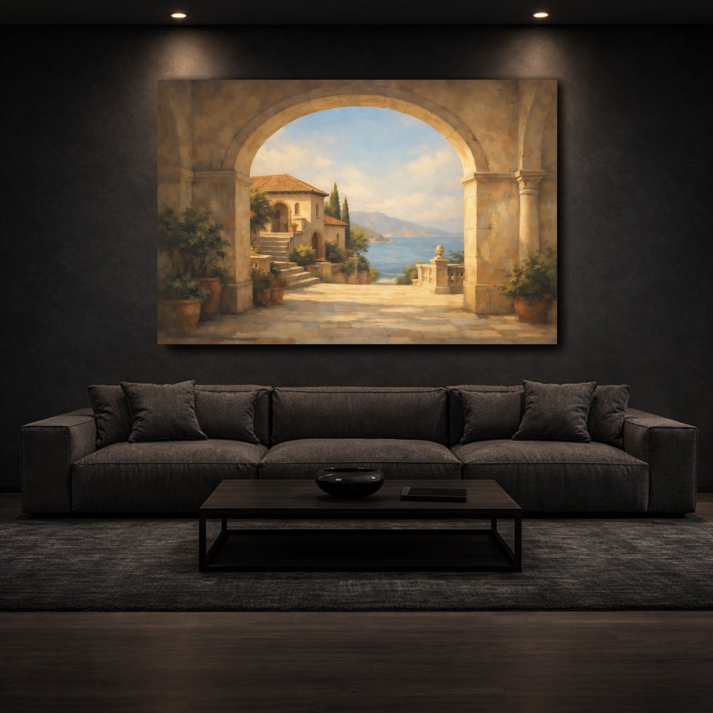 Mockup 2. Nature Mediterranean Villa Mediterranean Coastal shown as stretched canvas wall art