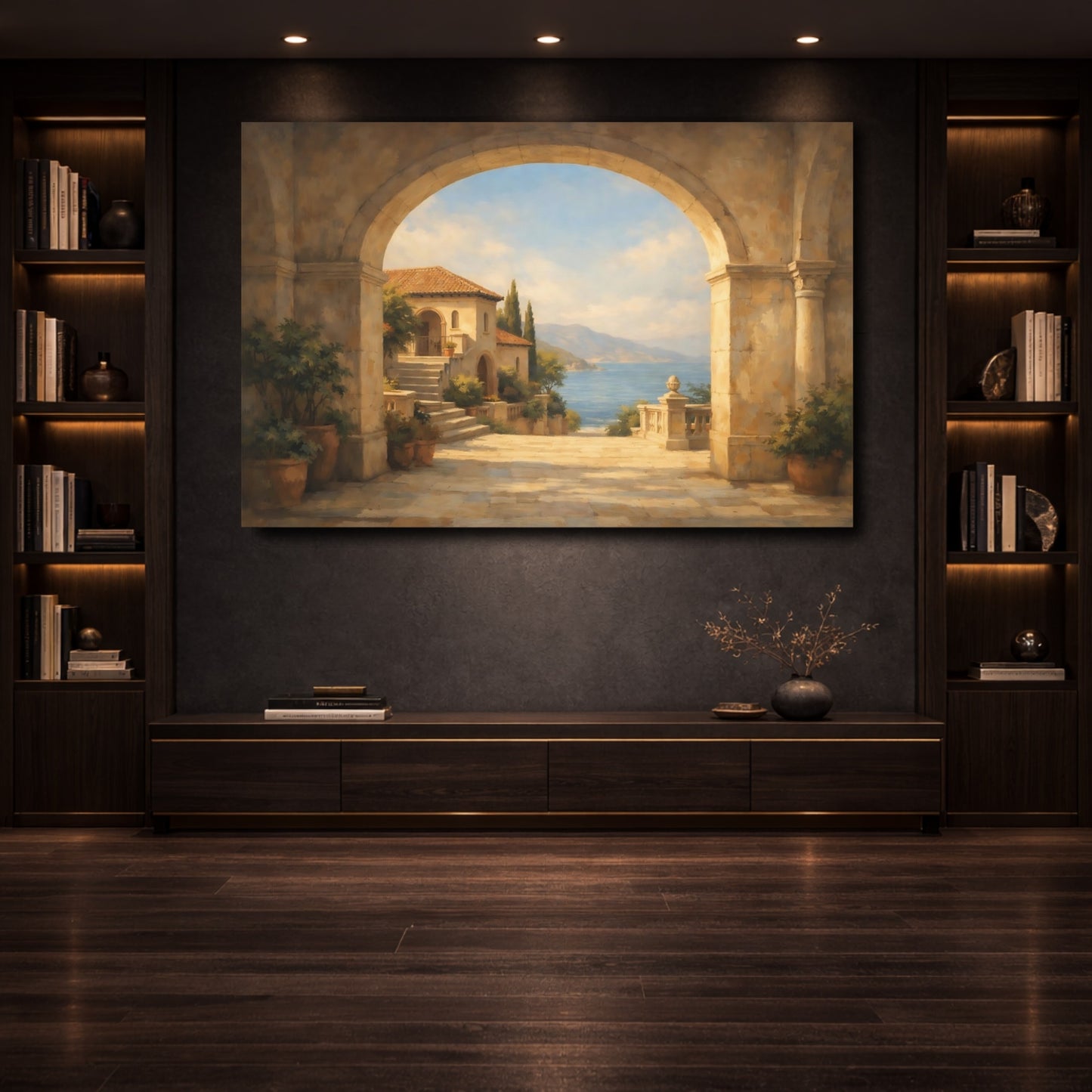 Mockup 3. Nature Mediterranean Villa Mediterranean Coastal shown as stretched canvas wall art