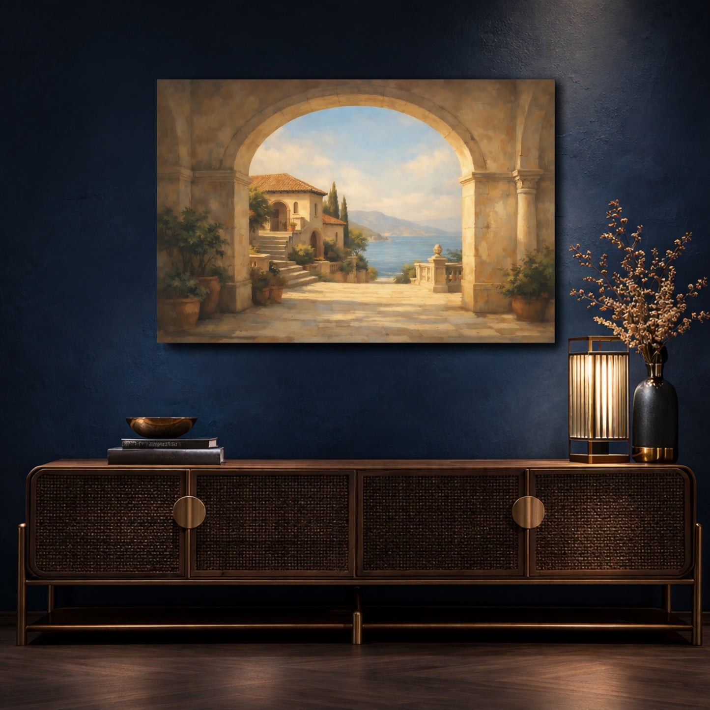 Mockup 4. Nature Mediterranean Villa Mediterranean Coastal shown as stretched canvas wall art