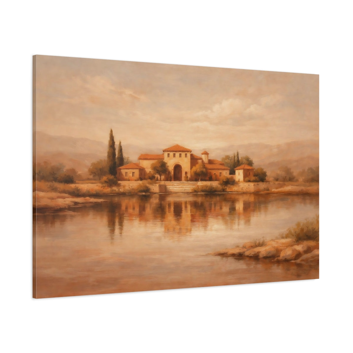 Main Mockup. Nature Mediterranean Villa Sepia Landscape shown as stretched canvas wall art