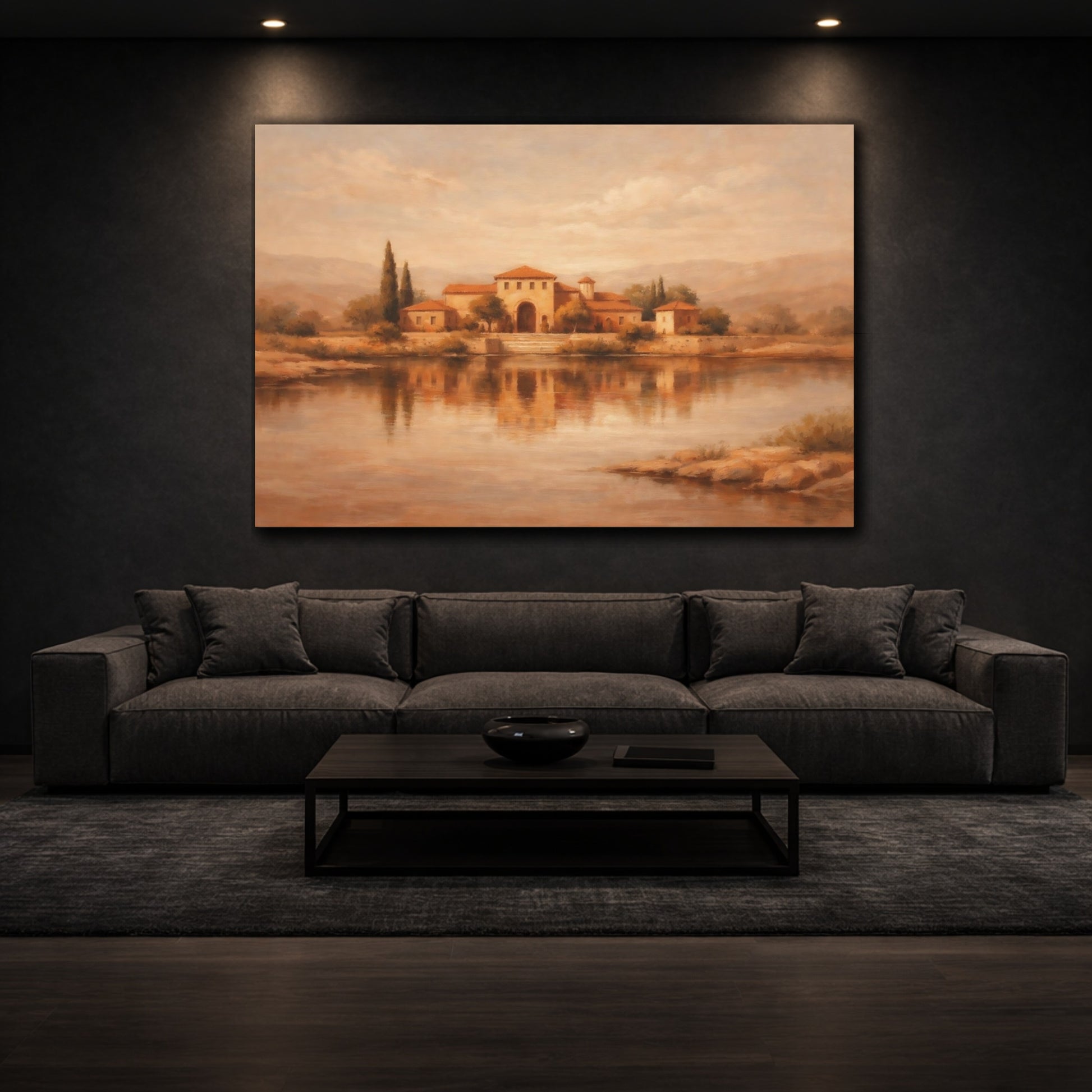Mockup 2. Nature Mediterranean Villa Sepia Landscape shown as stretched canvas wall art
