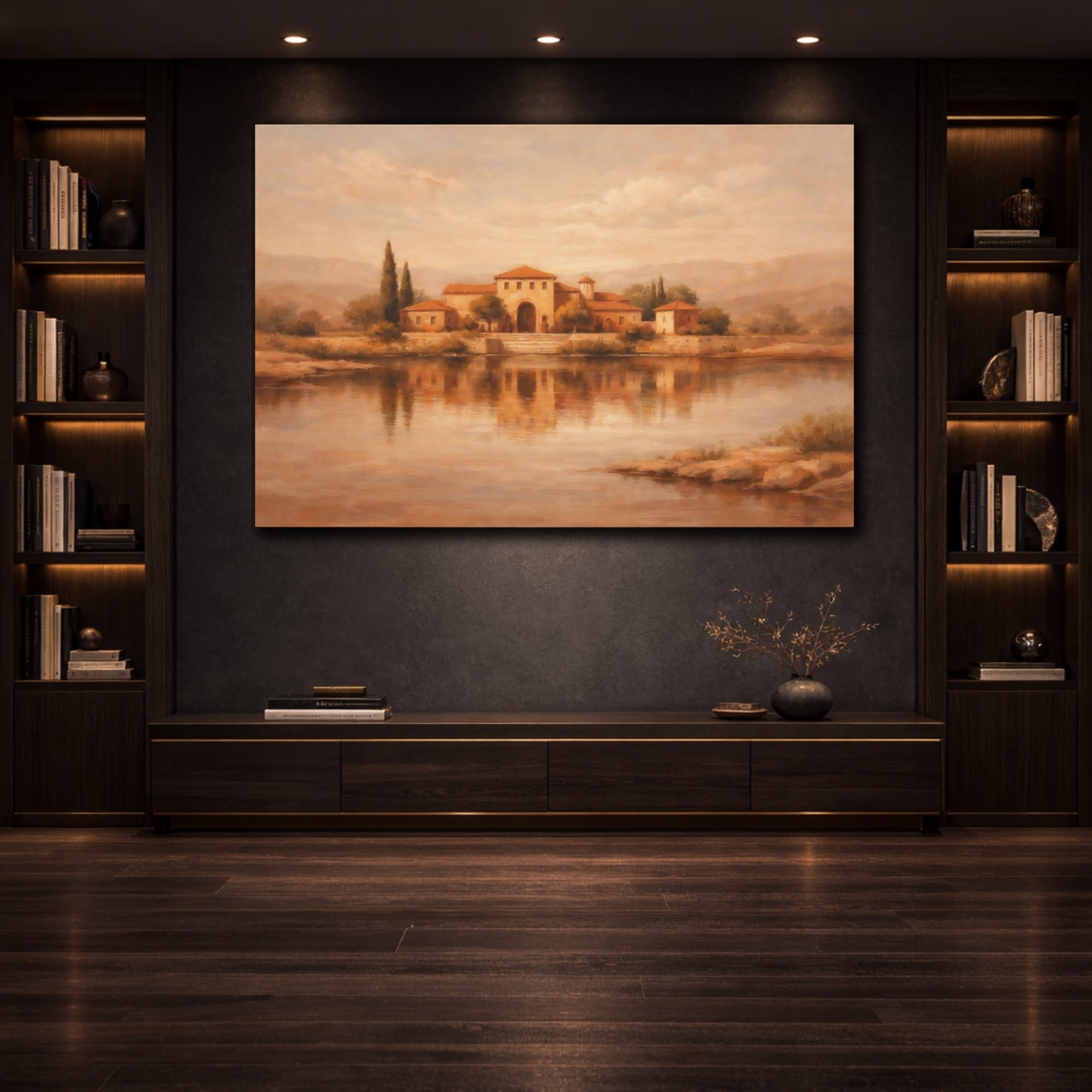 Mockup 3. Nature Mediterranean Villa Sepia Landscape shown as stretched canvas wall art