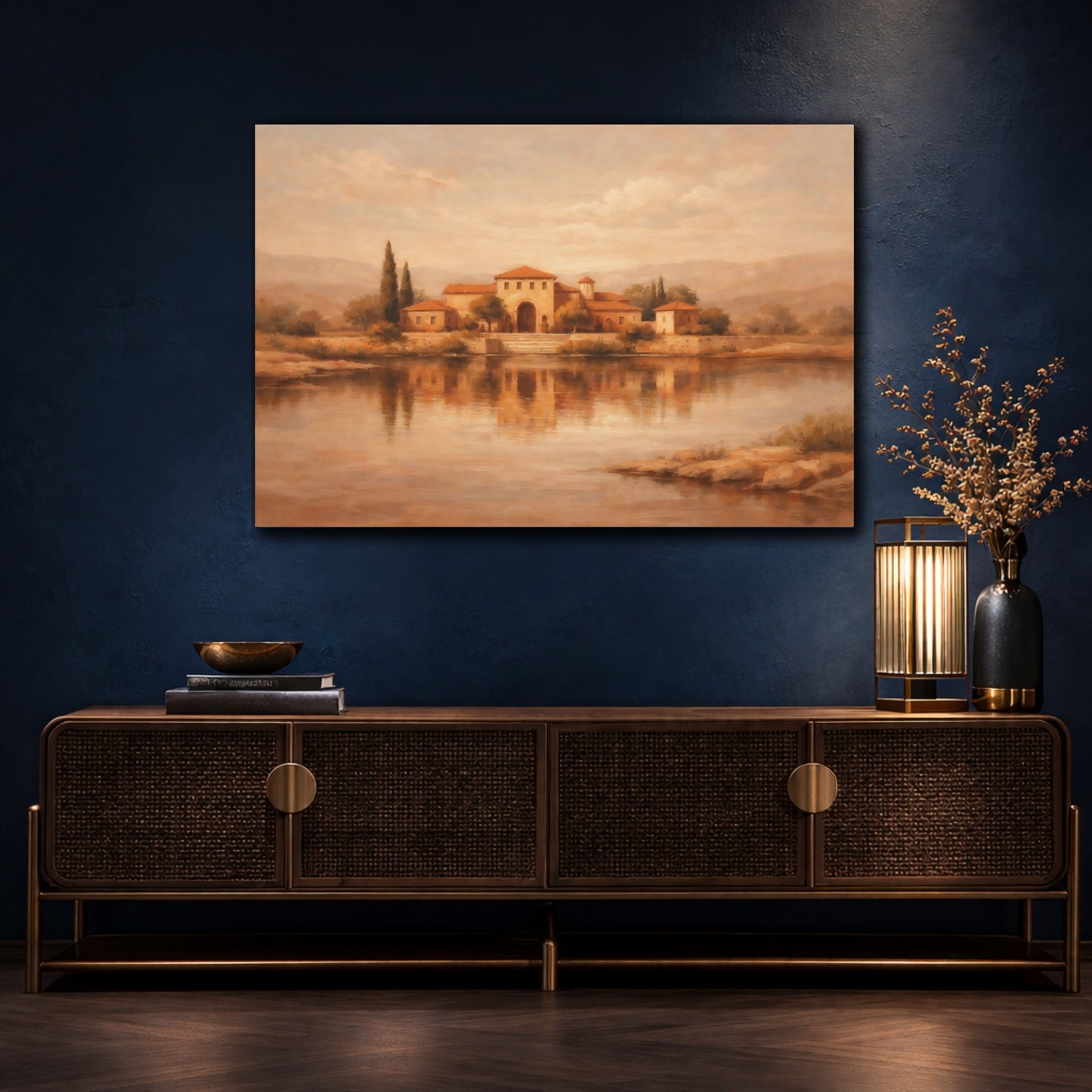 Mockup 4. Nature Mediterranean Villa Sepia Landscape shown as stretched canvas wall art