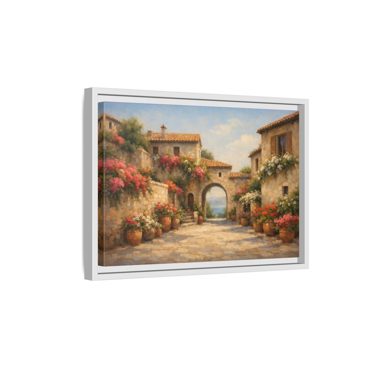 Side Mockup 4. Nature Mediterranean Village Mediterranean Floral Village shown as stretched canvas wall art